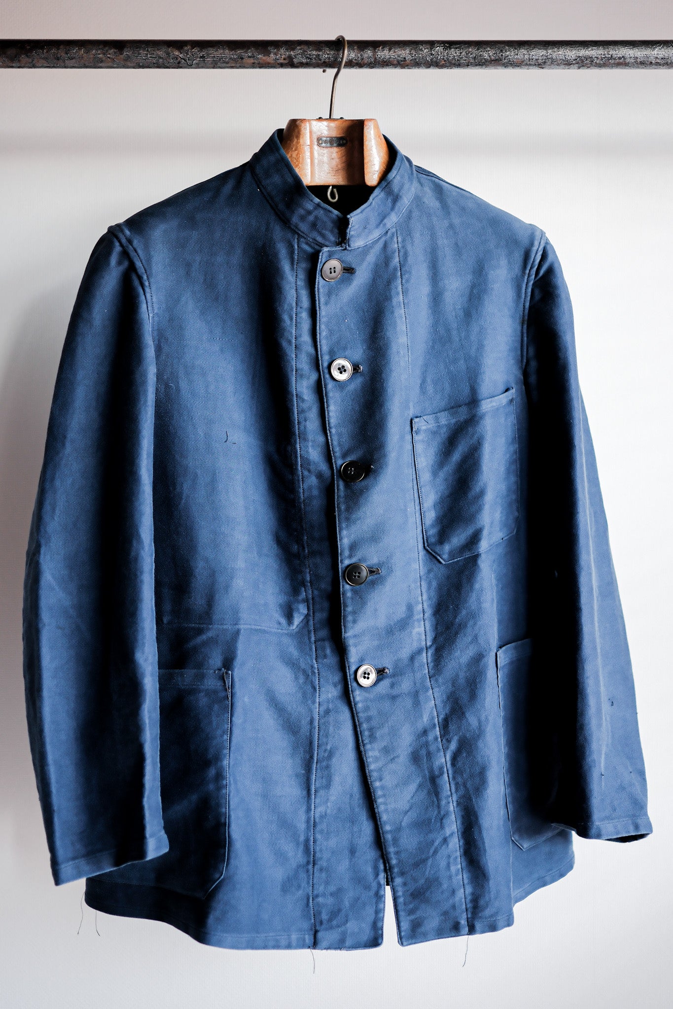 【~40's】French Vintage Blue Moleskin Stand Collar Work Jacket