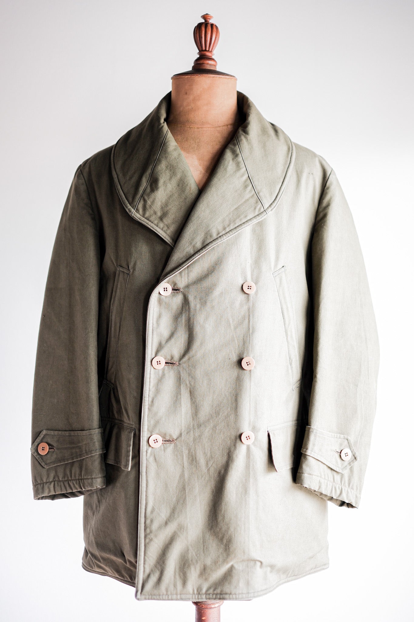 【~40's】French Vintage Shawl Collar Green Cotton Canvas Mackinaw Coat