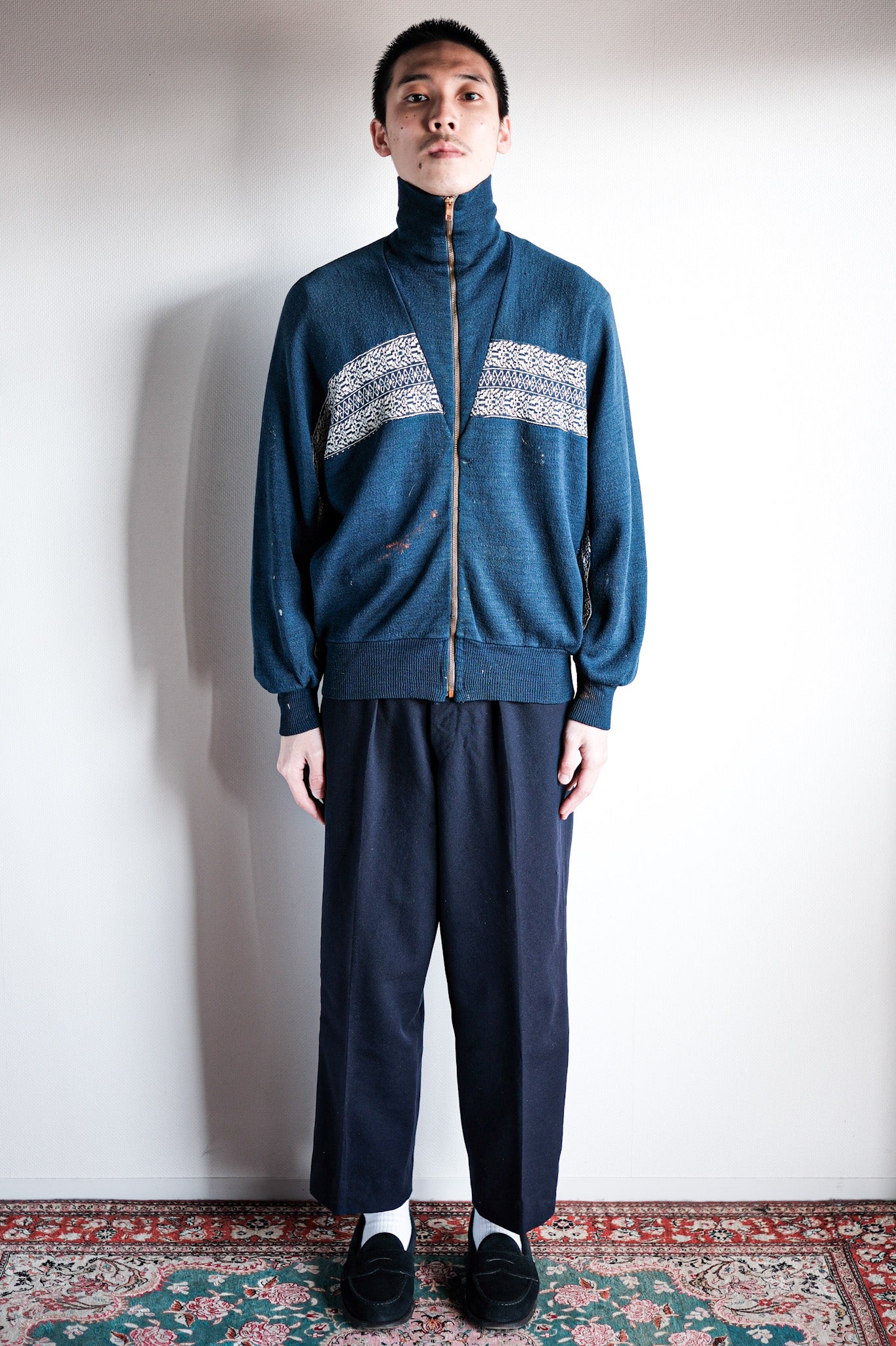 【~50's】French Vintage Full Zip Wool Printed Cardigan