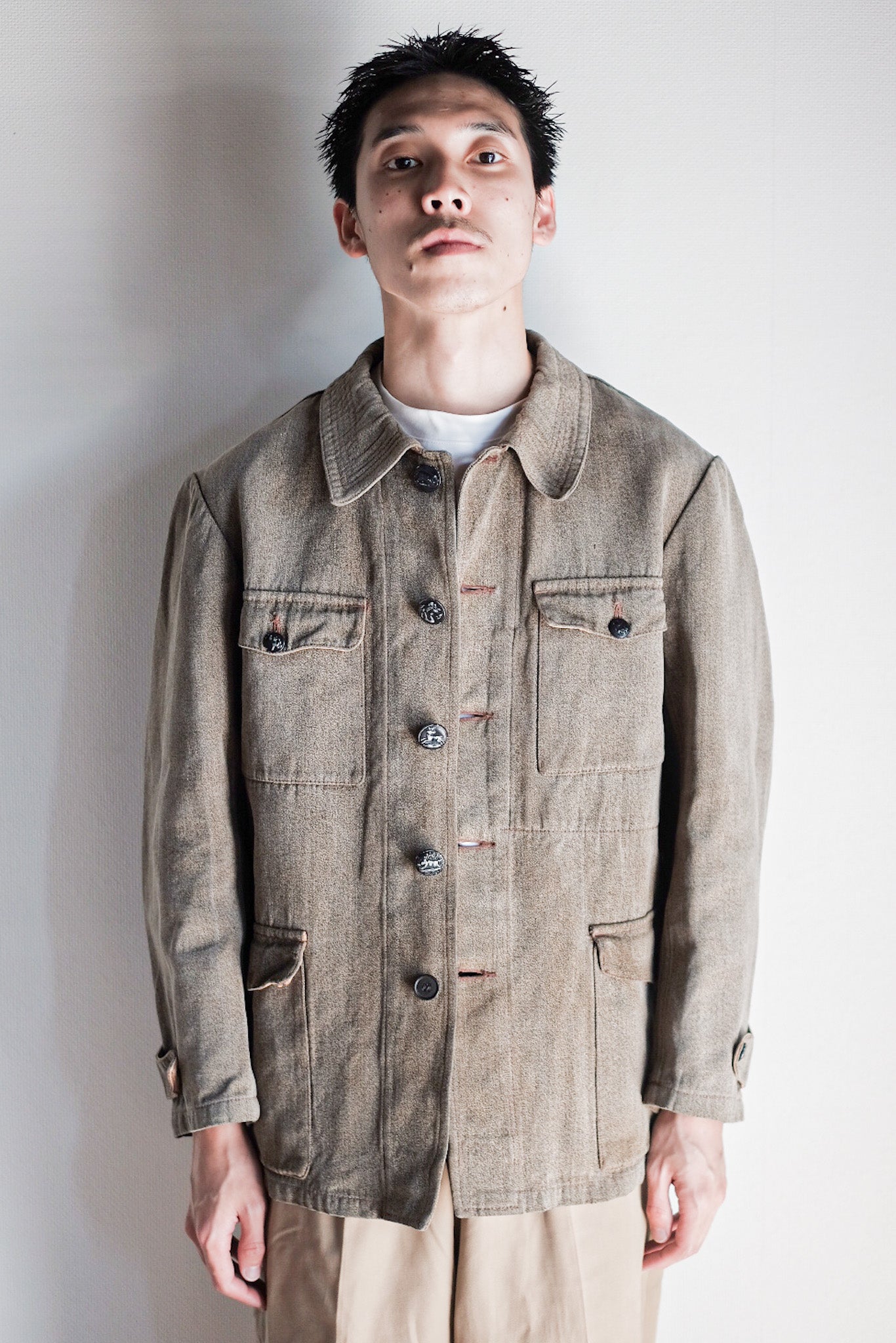 【~30's】French Vintage Brown Cotton Salt & Pepper Hunting Jacket