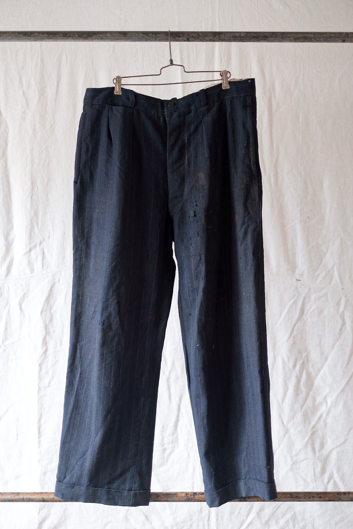 【~40's】French Vintage Navy Wool Striped Work Pant