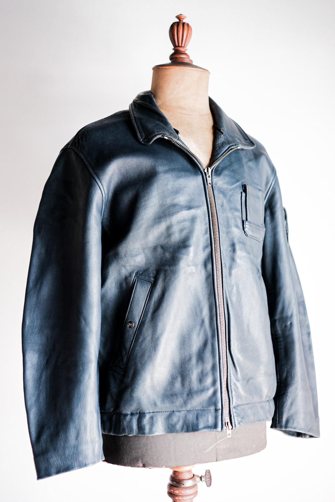 【~70's】French Air Force Pilot Leather Jacket With Chin Strap