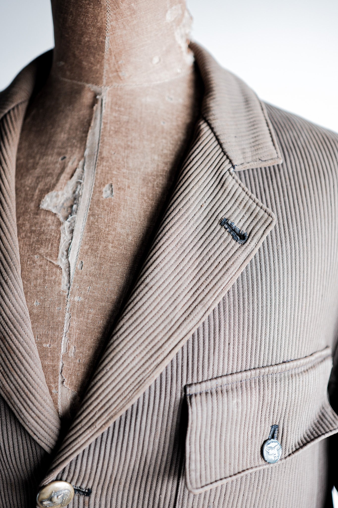【~40's】French Vintage Brown Cotton Pique Lapel Gamekeeper Hunting Jacket "Unusual Pattern"