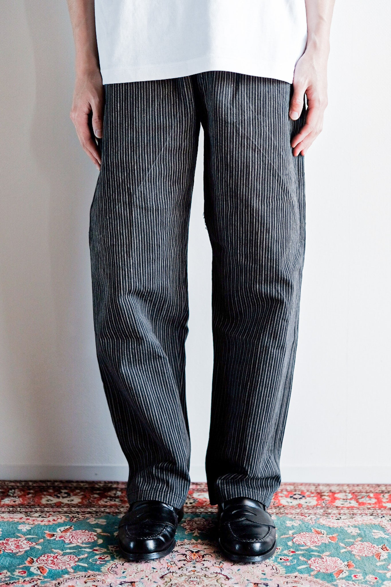 【~ 40 대 's 프랑스 빈티지면 스트라이프 작업 바지