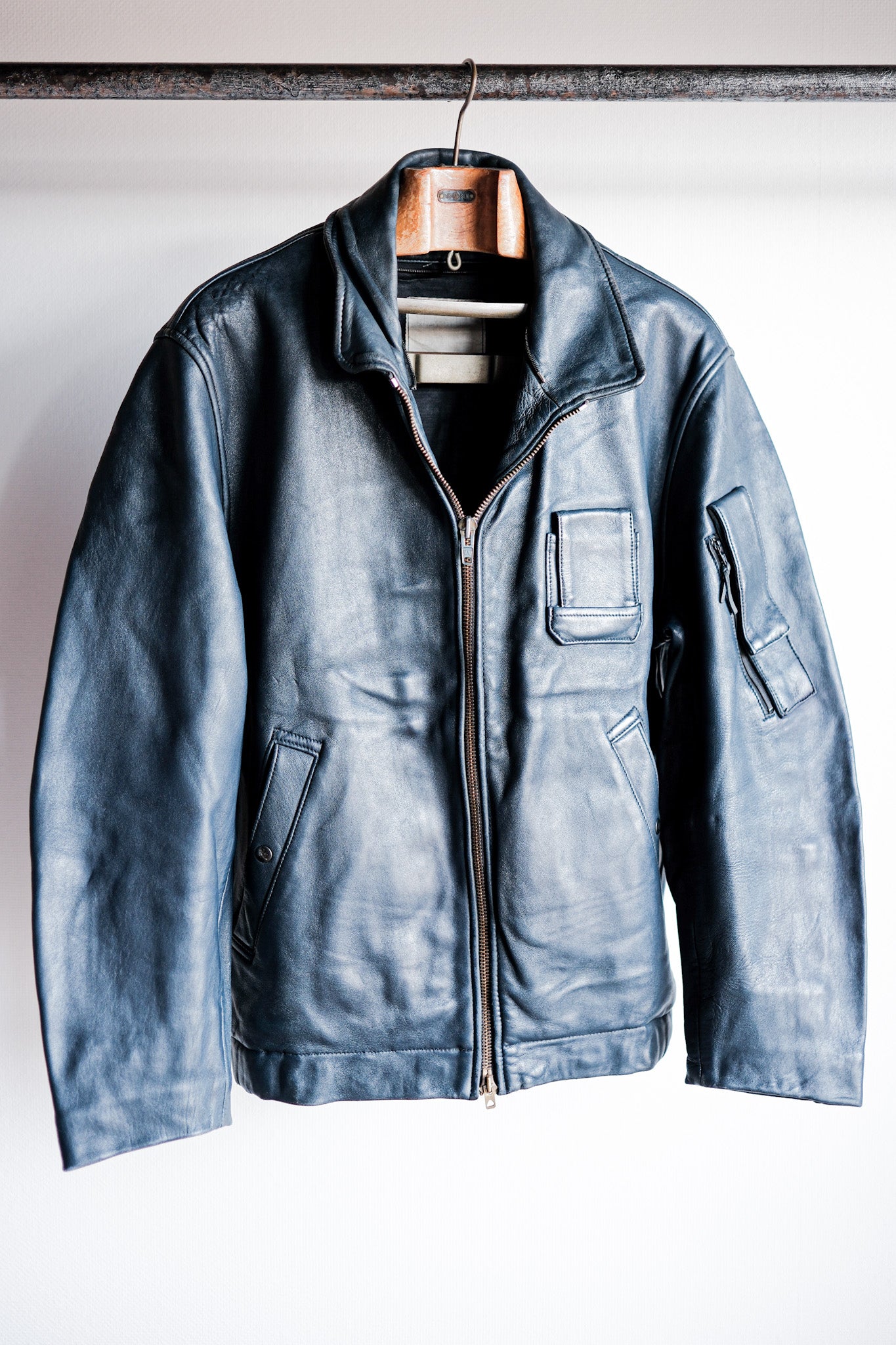 【~70's】French Air Force Pilot Leather Jacket With Chin Strap