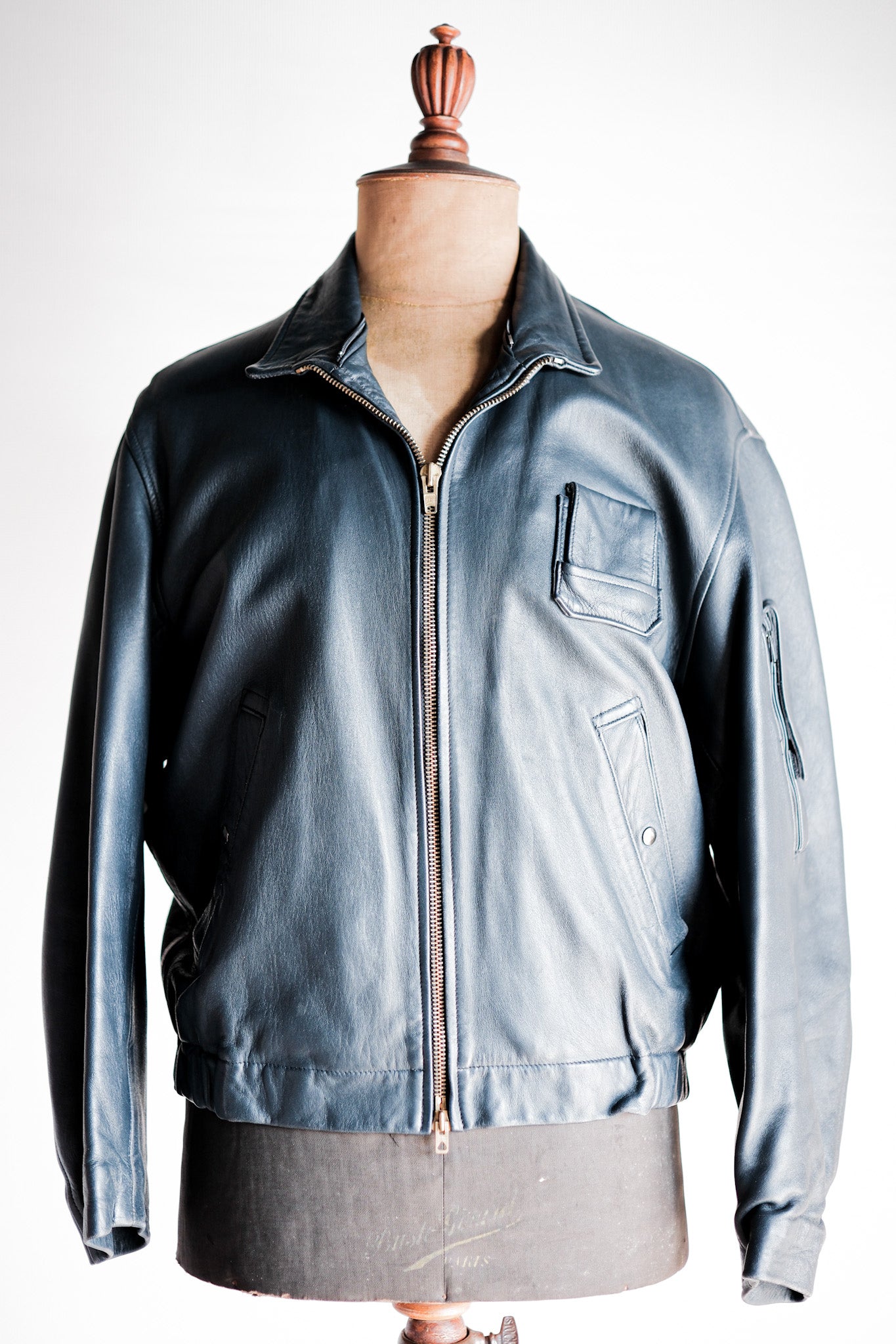 【~70's】French Air Force Pilot Leather Jacket With Chin Strap Size.96M