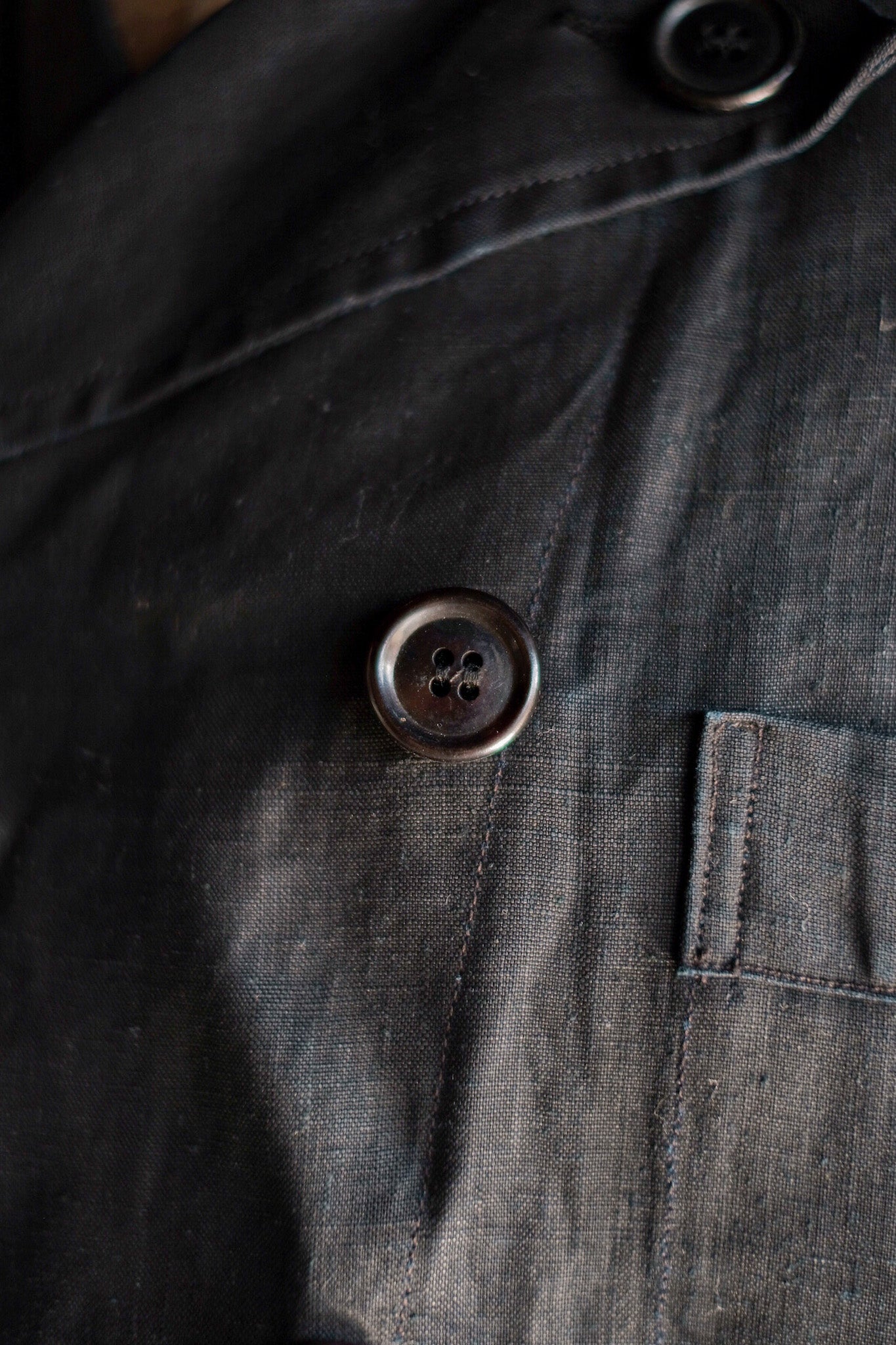 【~30's】French Vintage Black Indigo Linen Double Breasted Work Jacket "Dead Stock"