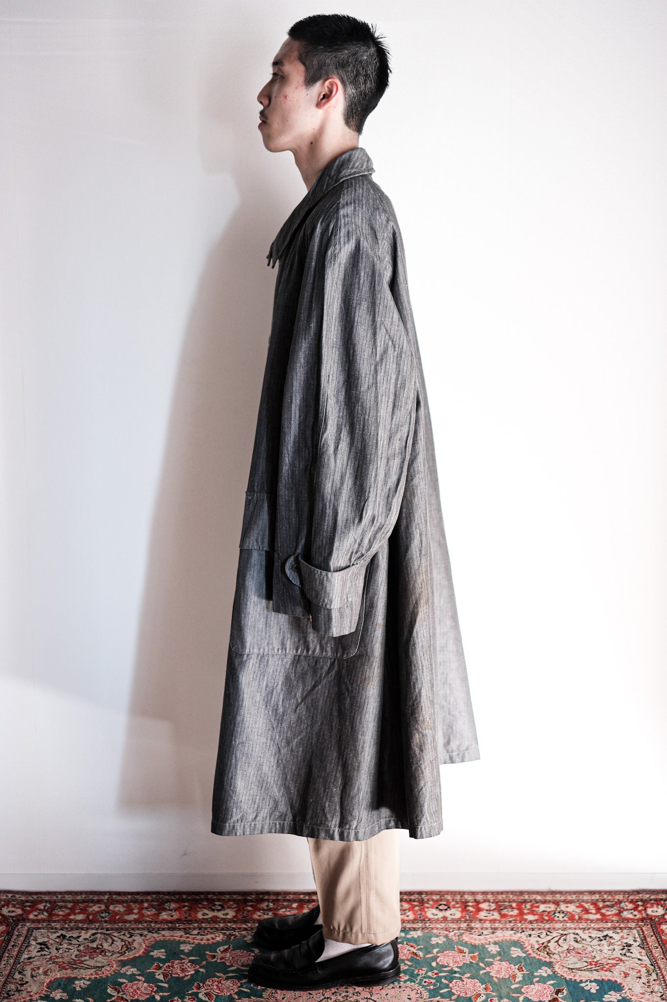 【~40's】French Vintage Salt & Pepper Cotton HBT Work Coat With Chin Strap "Dead Stock"