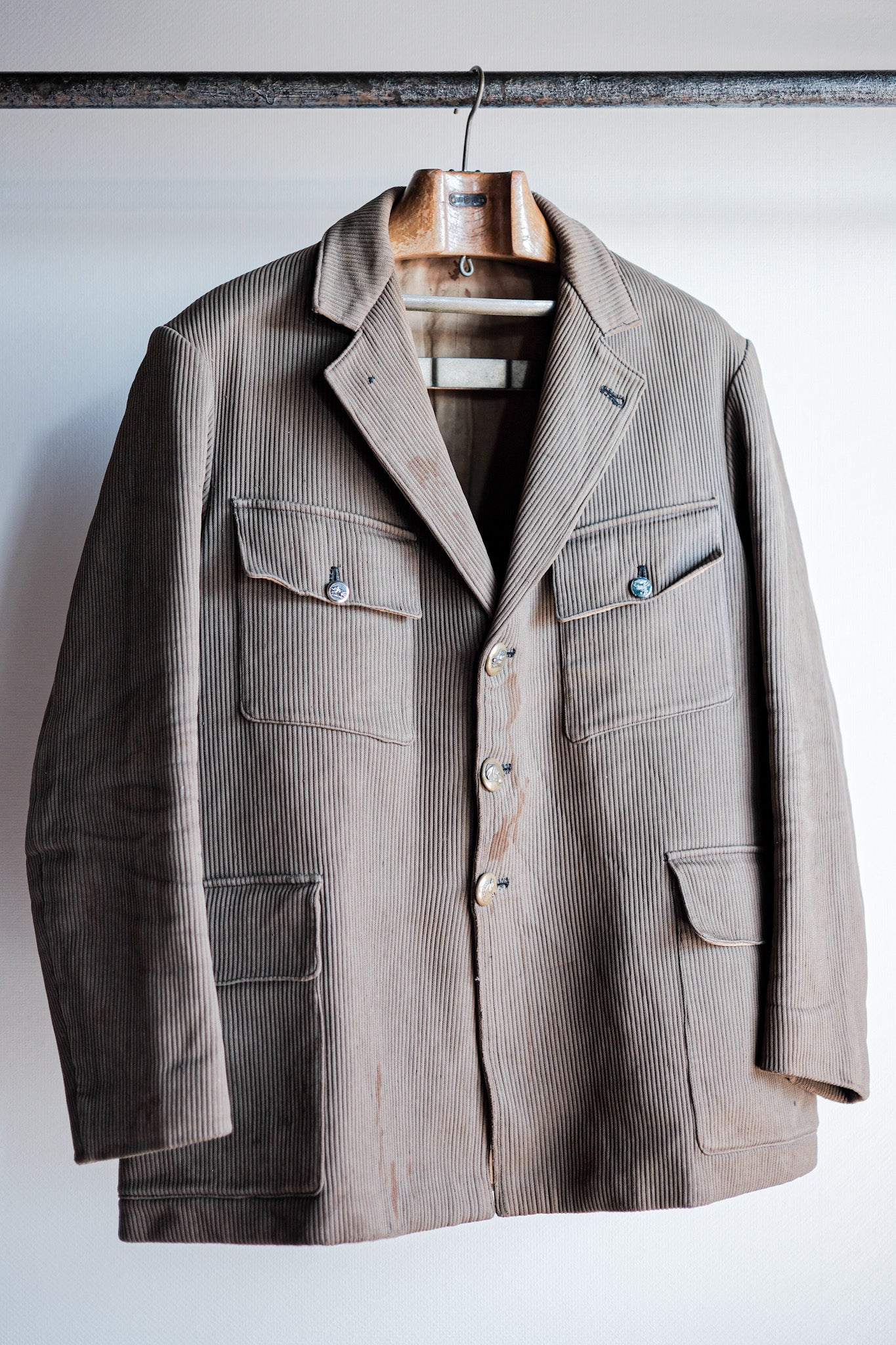 【~40's】French Vintage Brown Cotton Pique Lapel Gamekeeper Hunting Jacket "Unusual Pattern"