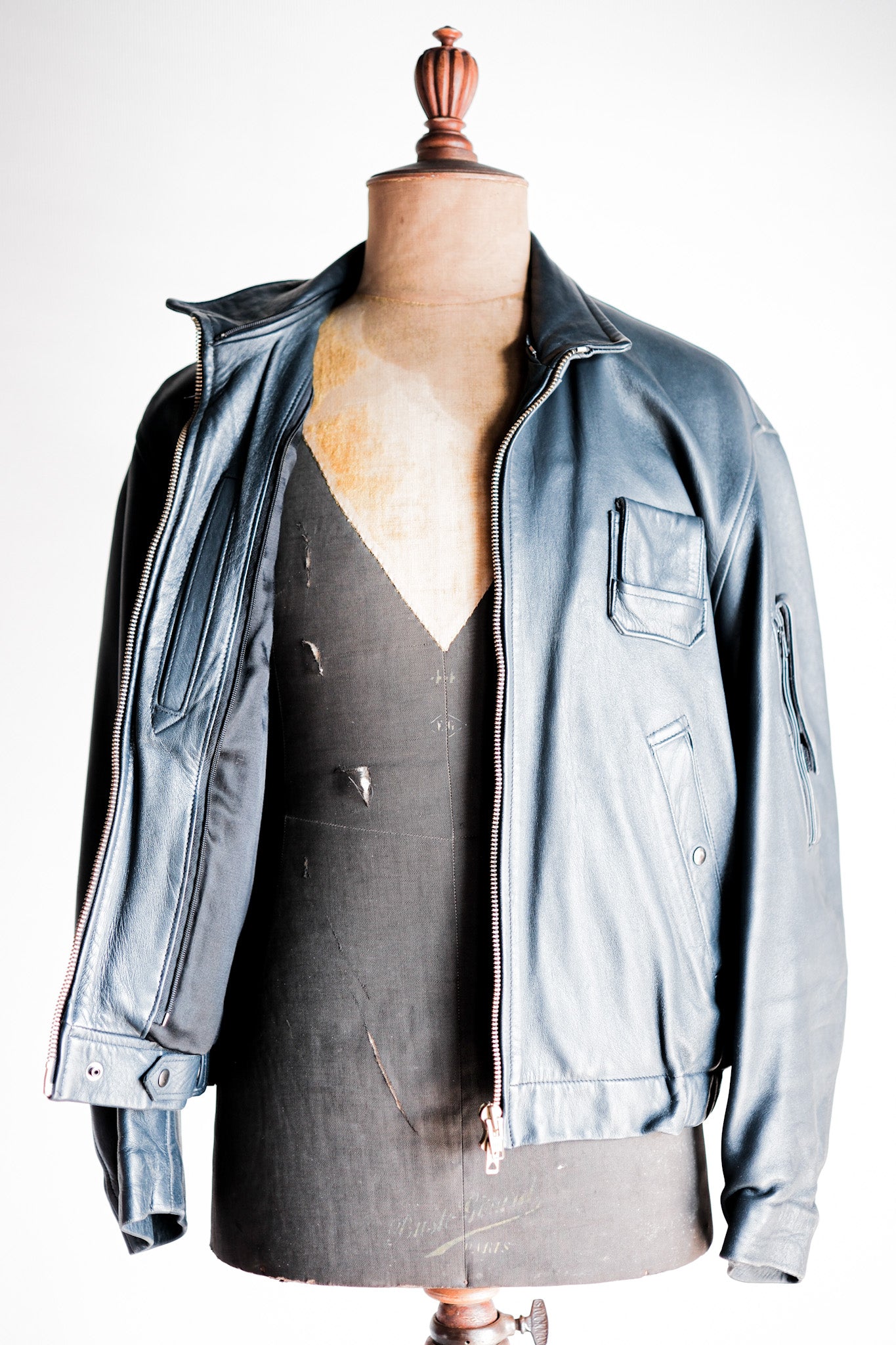【~70's】French Air Force Pilot Leather Jacket With Chin Strap Size.96M