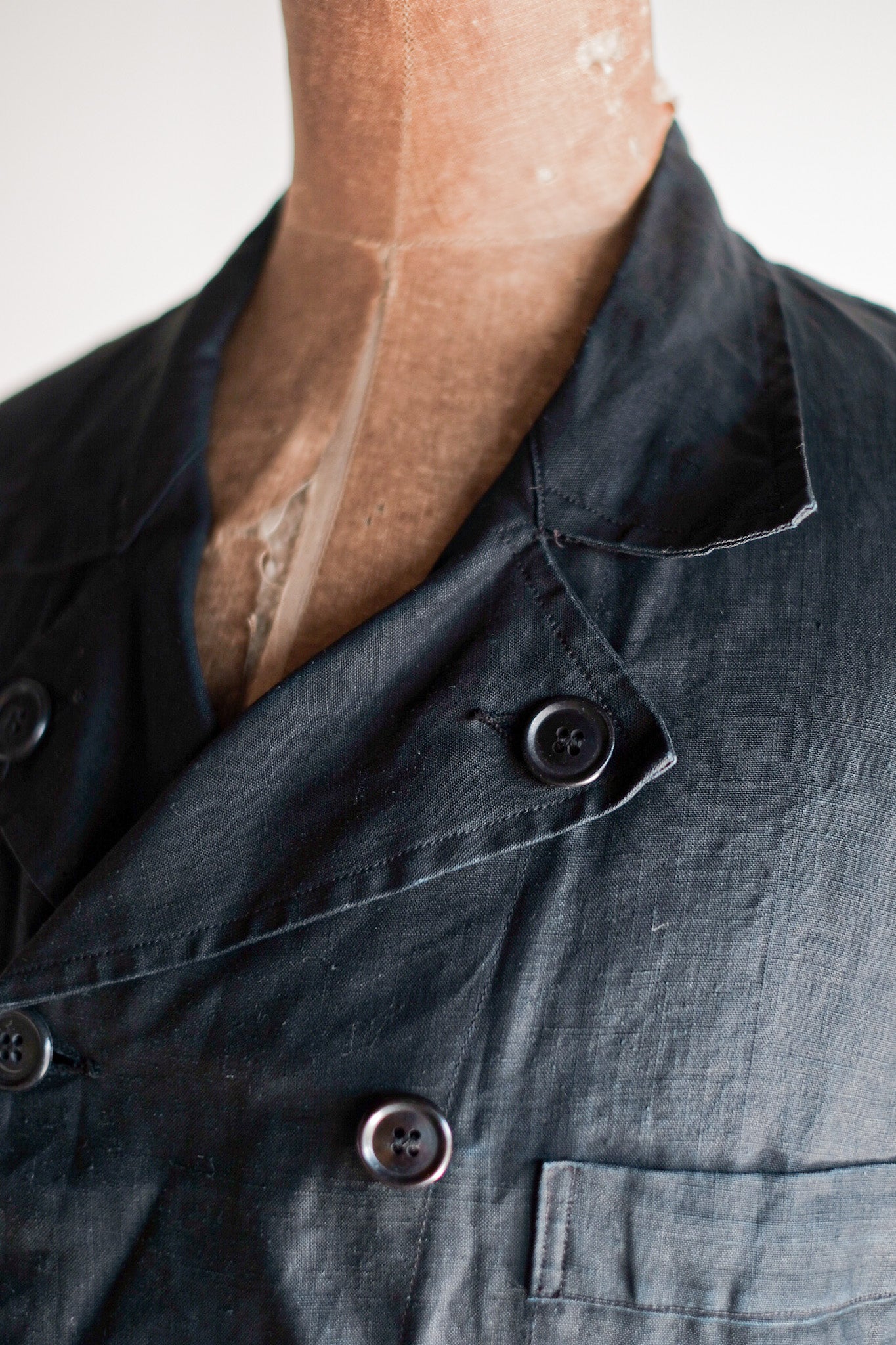 【~30's】French Vintage Black Indigo Linen Double Breasted Work Jacket "Dead Stock"