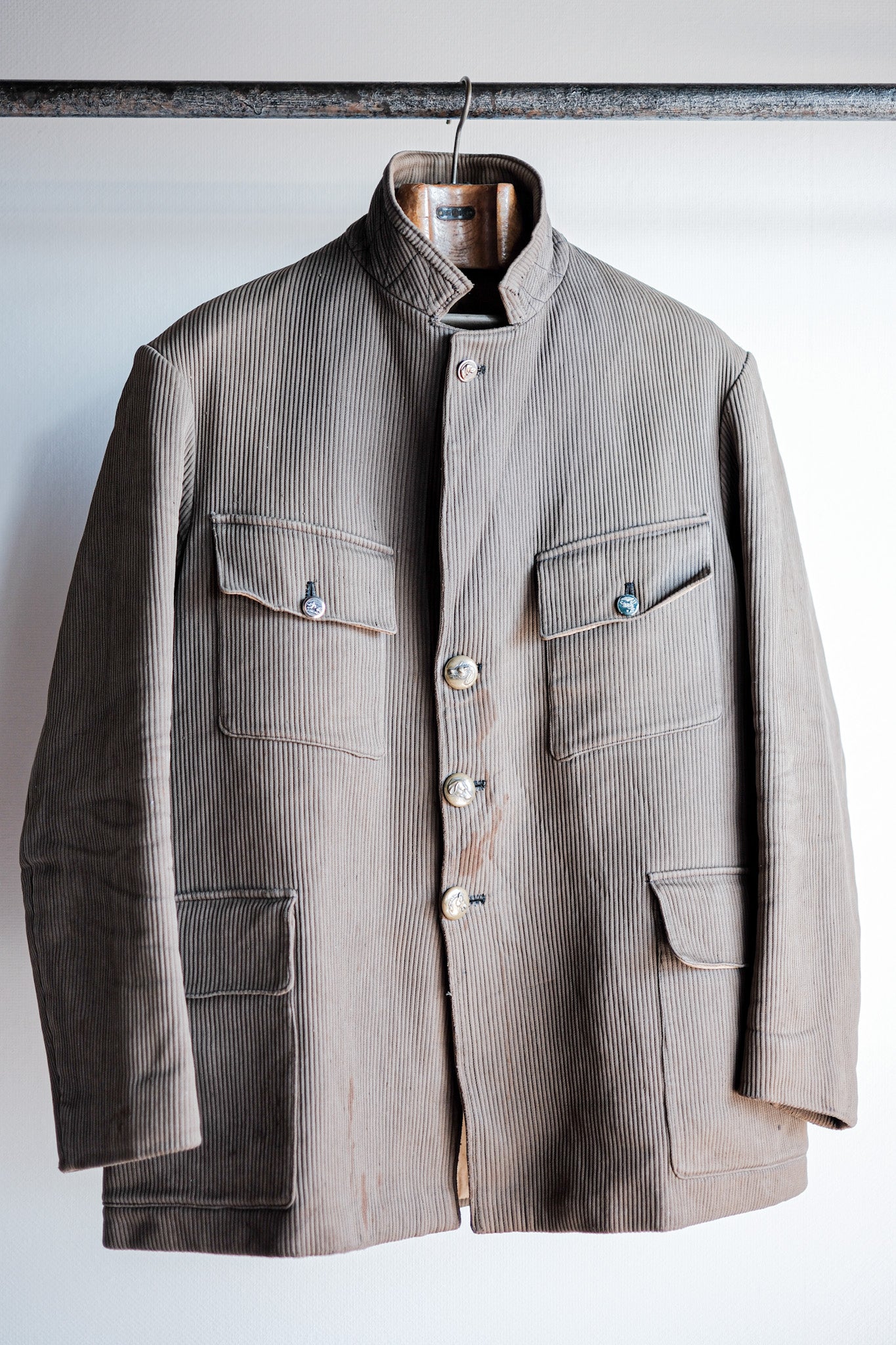 【~40's】French Vintage Brown Cotton Pique Lapel Gamekeeper Hunting Jacket "Unusual Pattern"