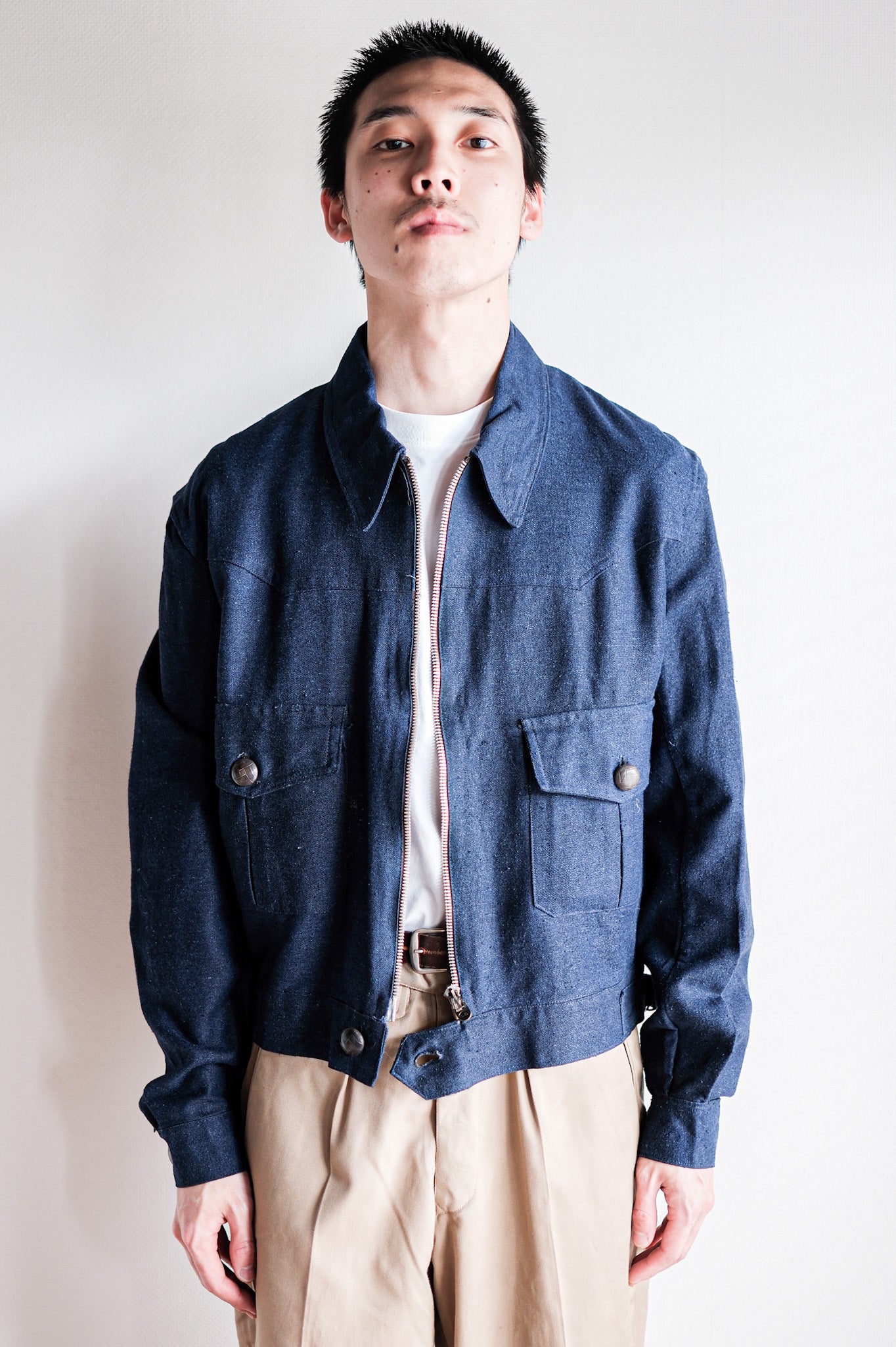 【~40’s】French Vintage Indigo Hemp Linen Cyclist Jacket