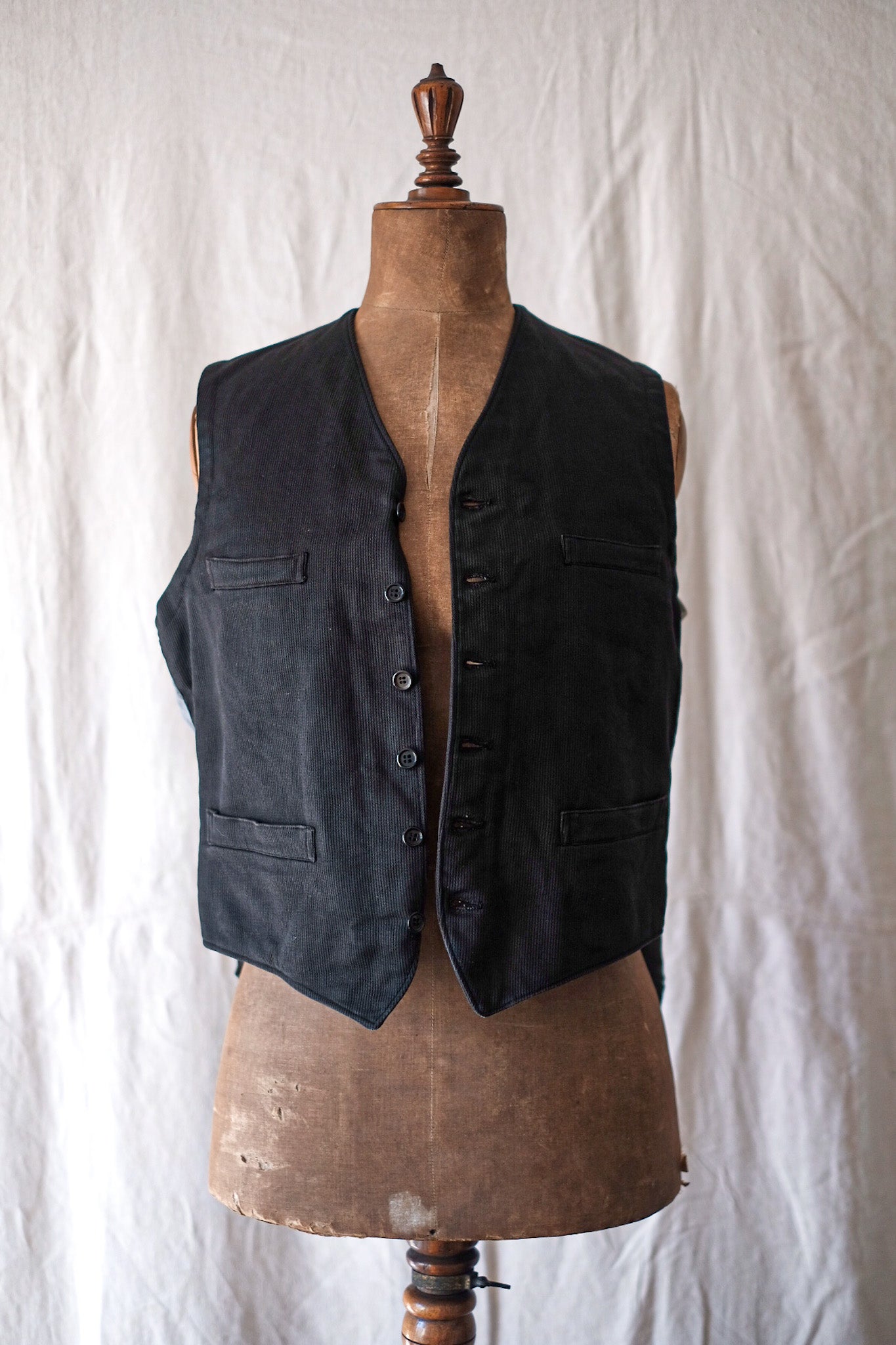 【~40's】French Vintage Black Cotton Pique Gilet "Dead Stock"
