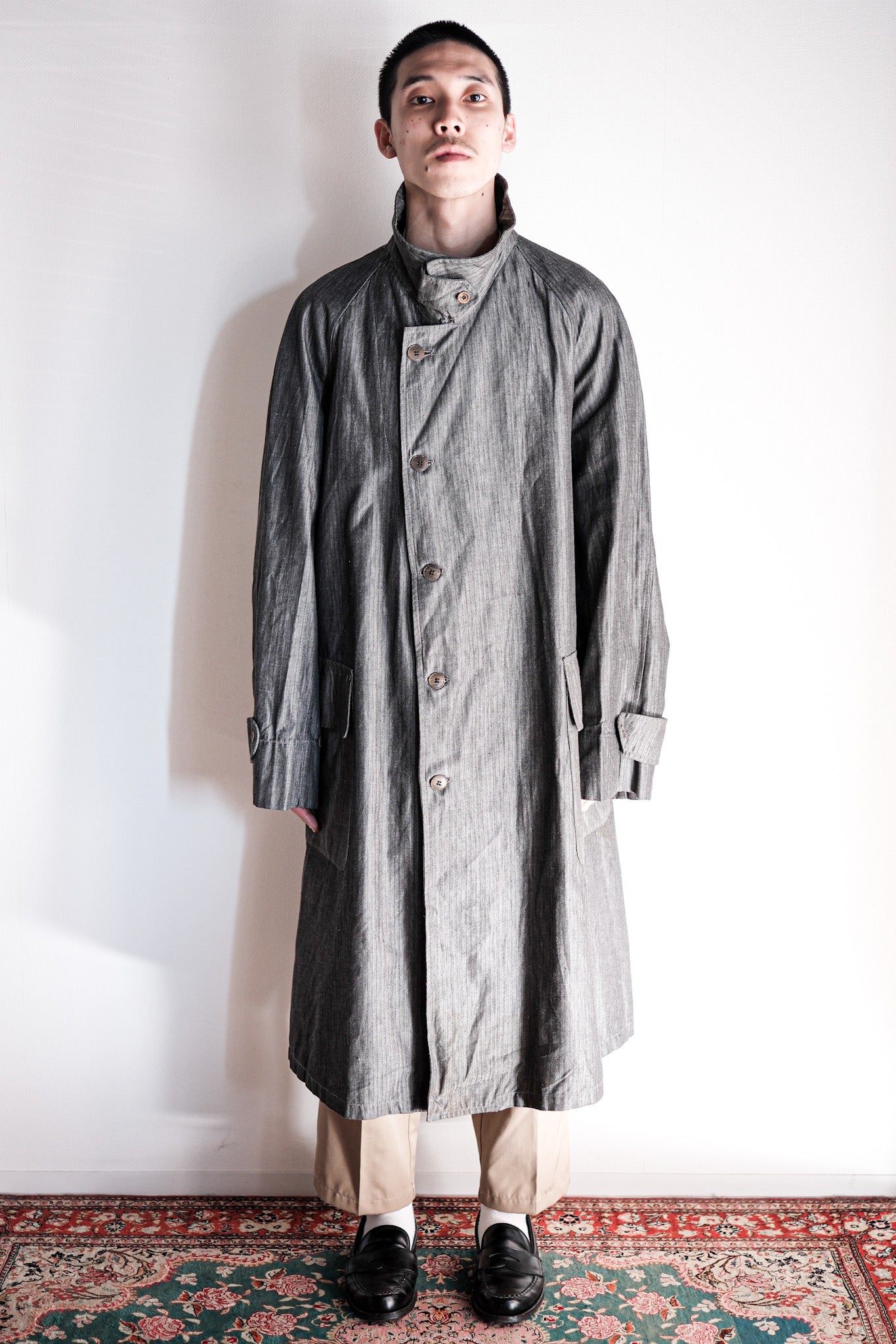 【~40's】French Vintage Salt & Pepper Cotton HBT Work Coat With Chin Strap "Dead Stock"