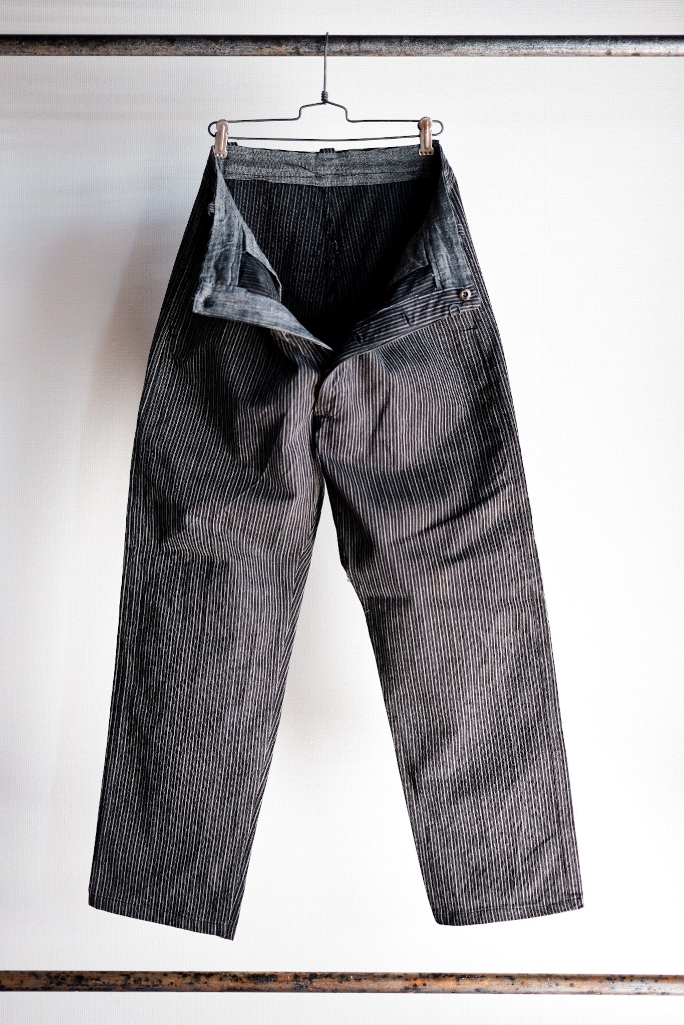 【~ 40 대 's 프랑스 빈티지면 스트라이프 작업 바지