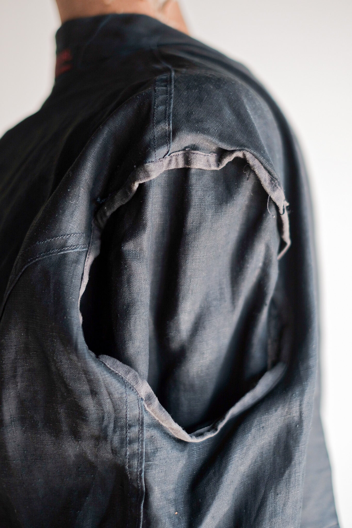 【~30's】French Vintage Black Indigo Linen Double Breasted Work Jacket "Dead Stock"