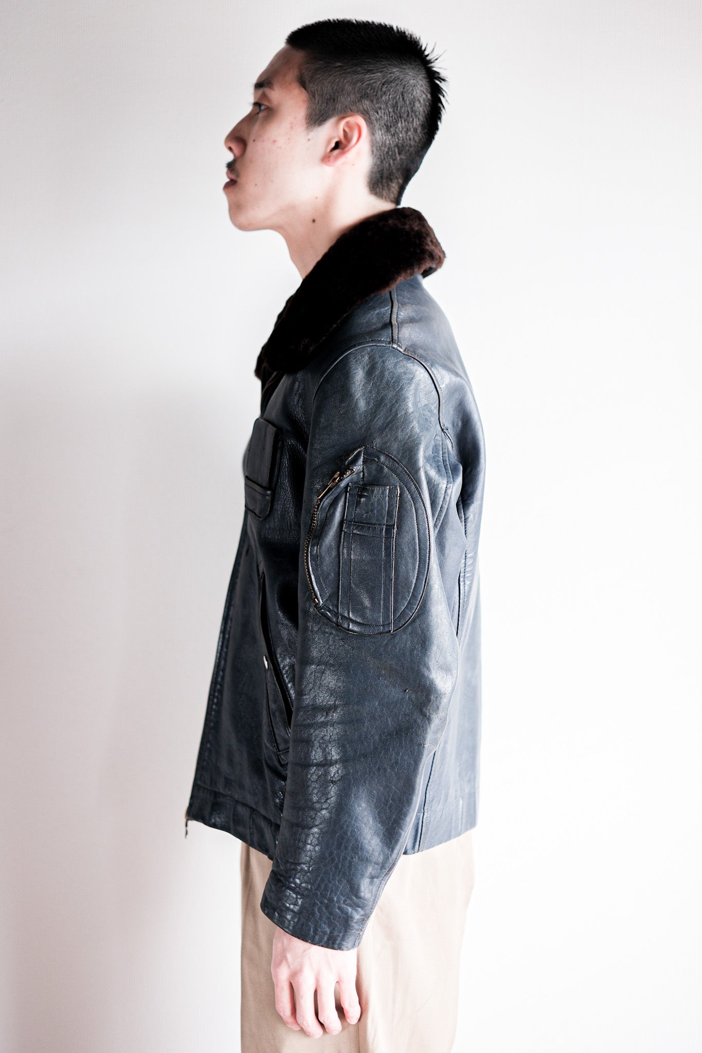 【~70's】French Air Force Pilot Leather Jacket Size.92C
