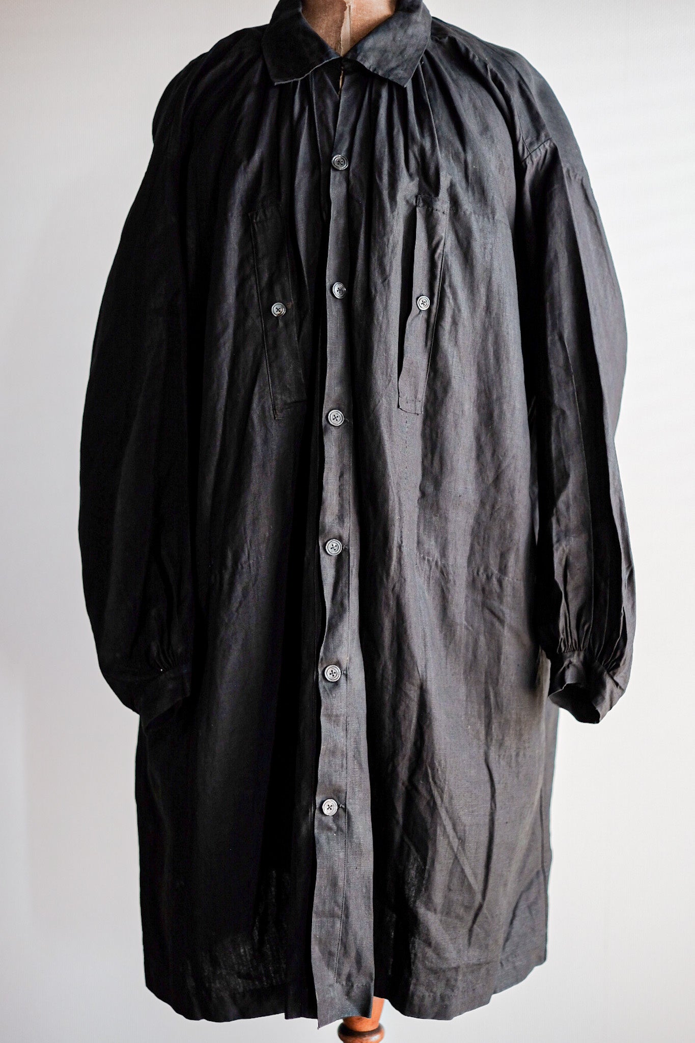 【Early 20th C】French Antique Black Indigo Linen Smock Open Type "Biaude" "Dead Stock"