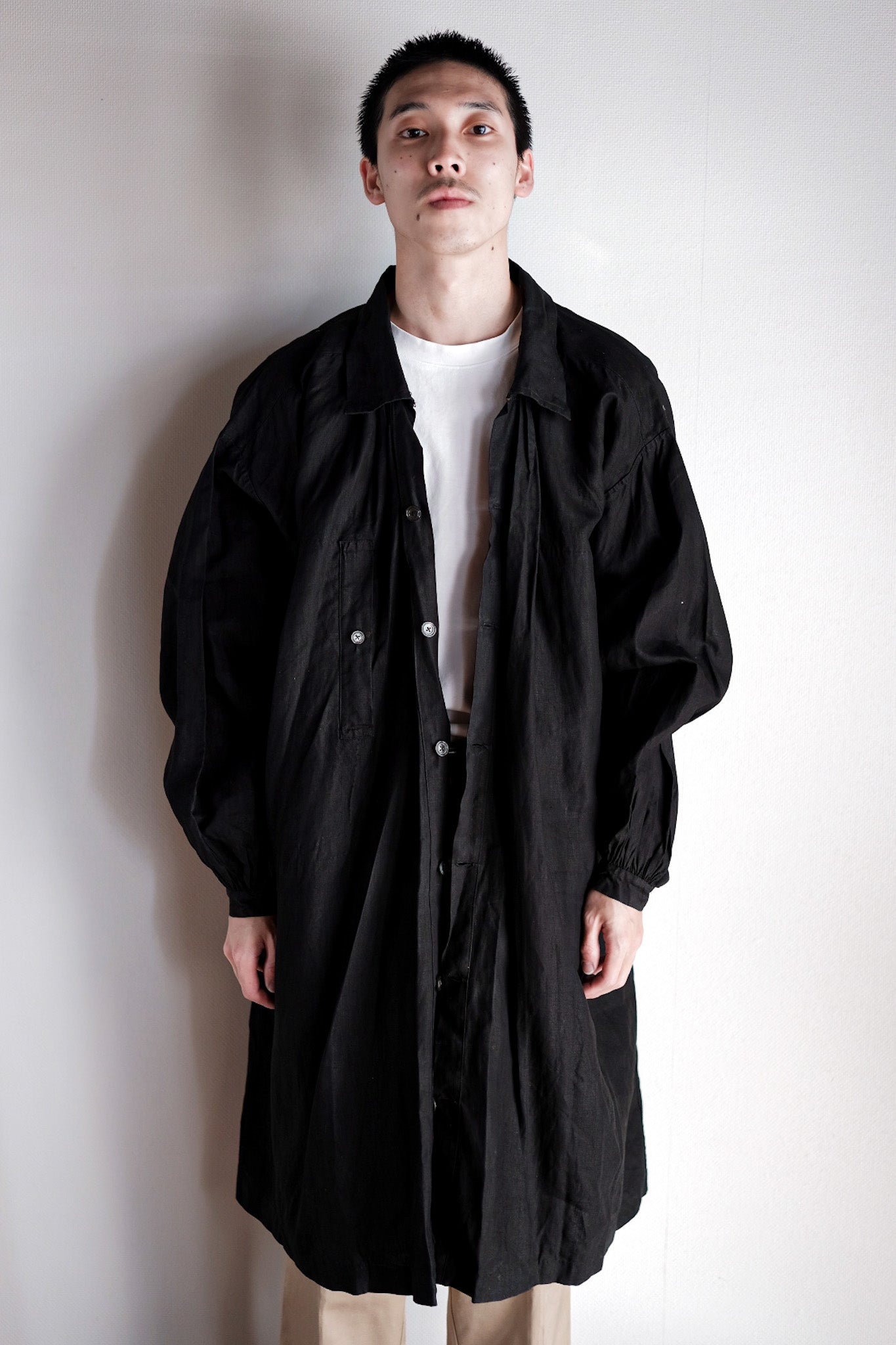 【Early 20th C】French Antique Black Indigo Linen Smock Open Type "Biaude" "Dead Stock"