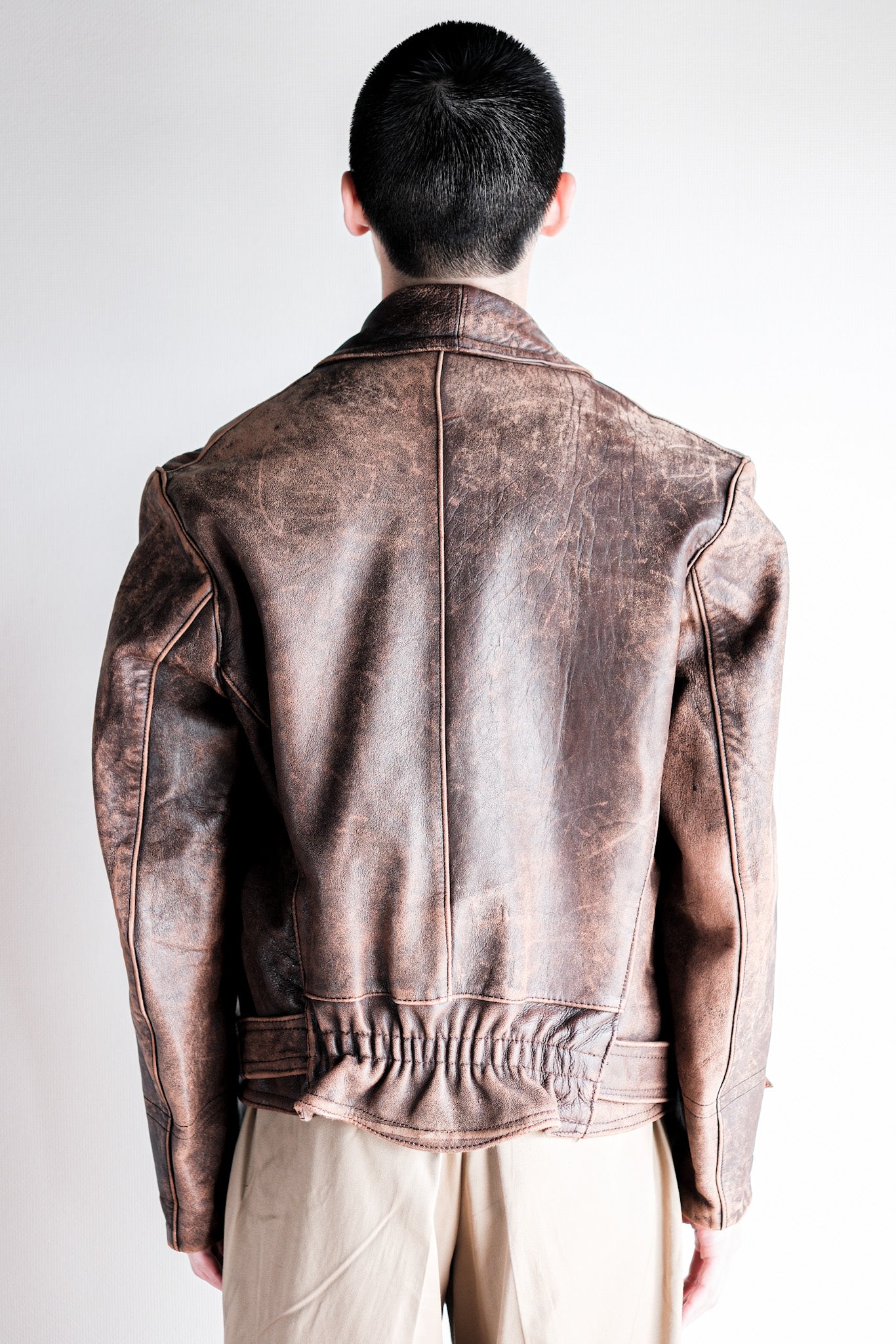 【~50's】French Vintage Le Corbusier Type Double Breasted Leather Jacket "Unusual Pattern"