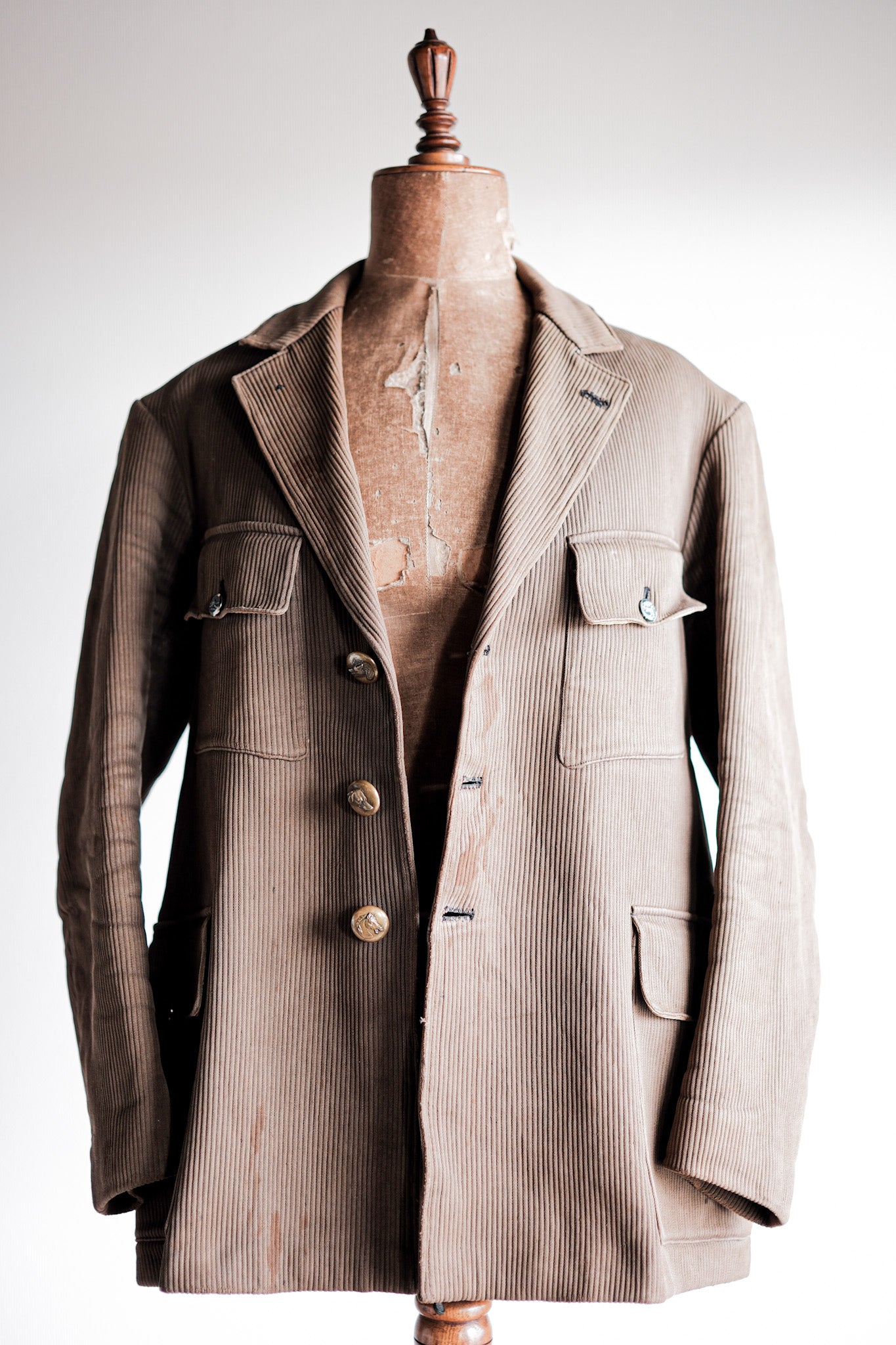 【~40's】French Vintage Brown Cotton Pique Lapel Gamekeeper Hunting Jacket "Unusual Pattern"