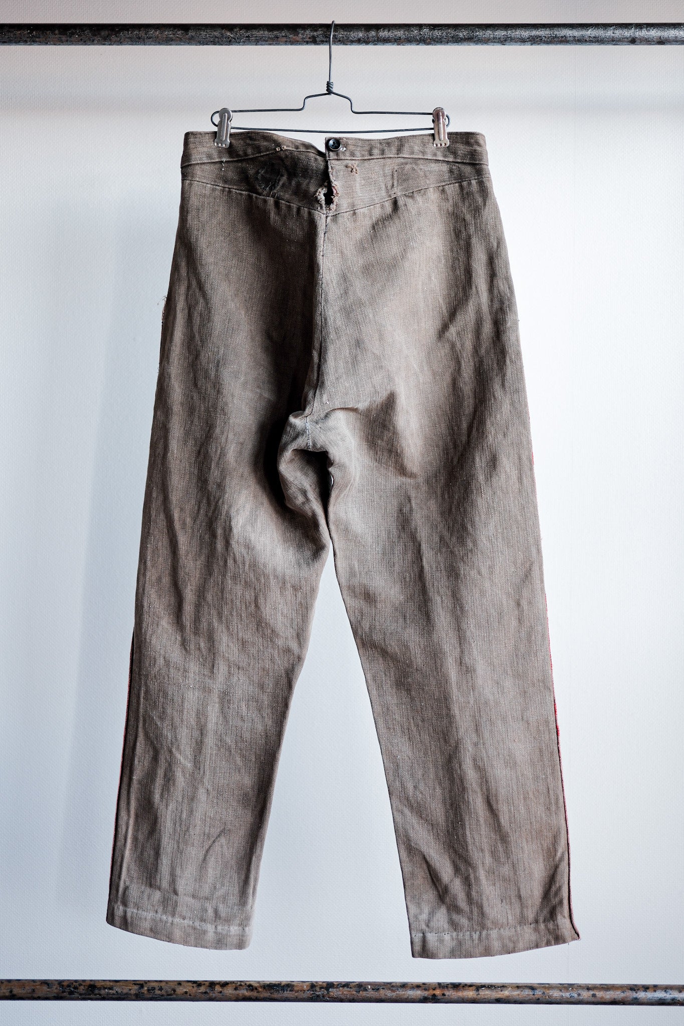 【Late 19th C】French Antique Brown HBT Linen Firefighter Trousers