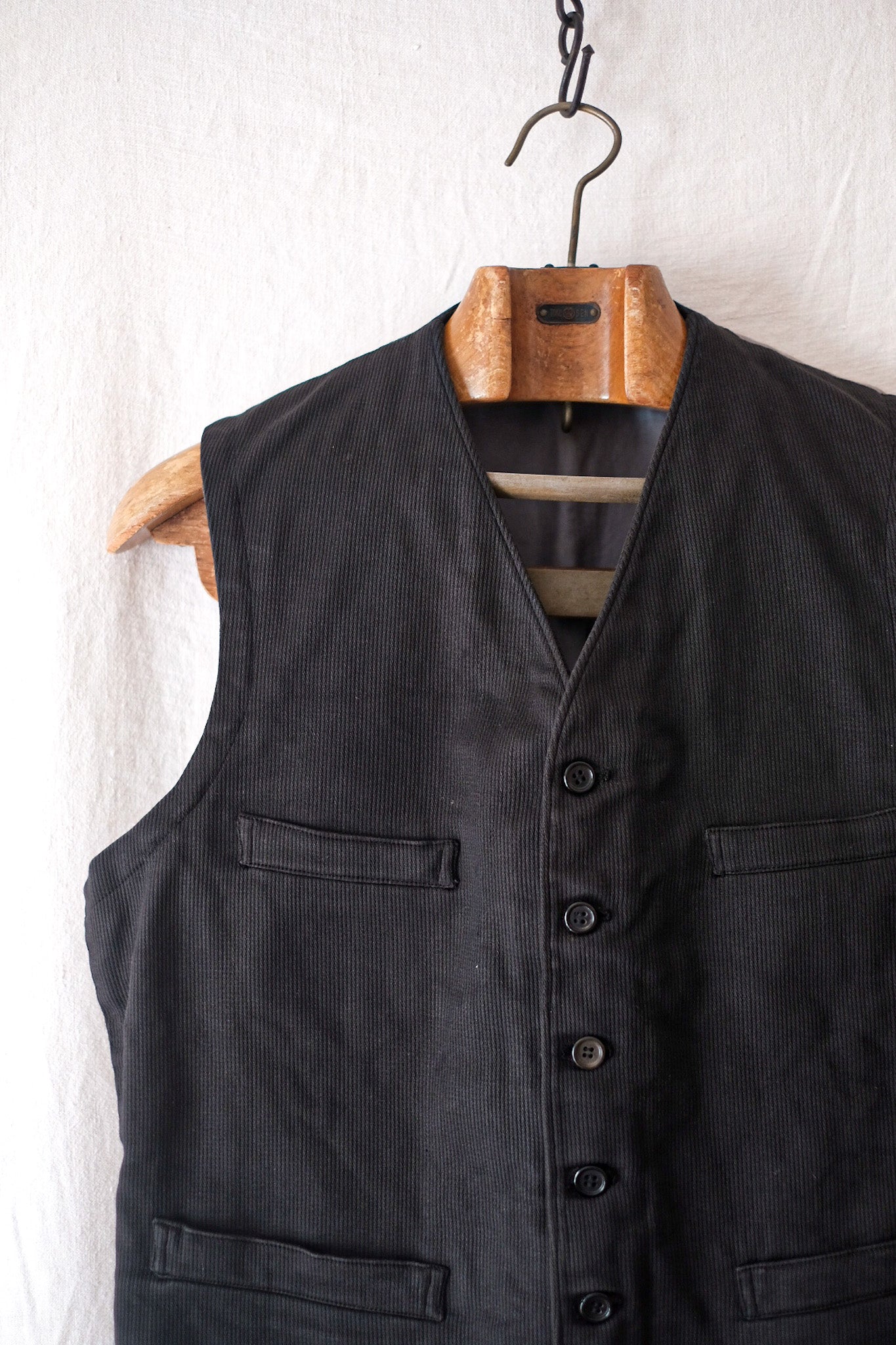 【~40's】French Vintage Black Cotton Pique Gilet "Dead Stock"