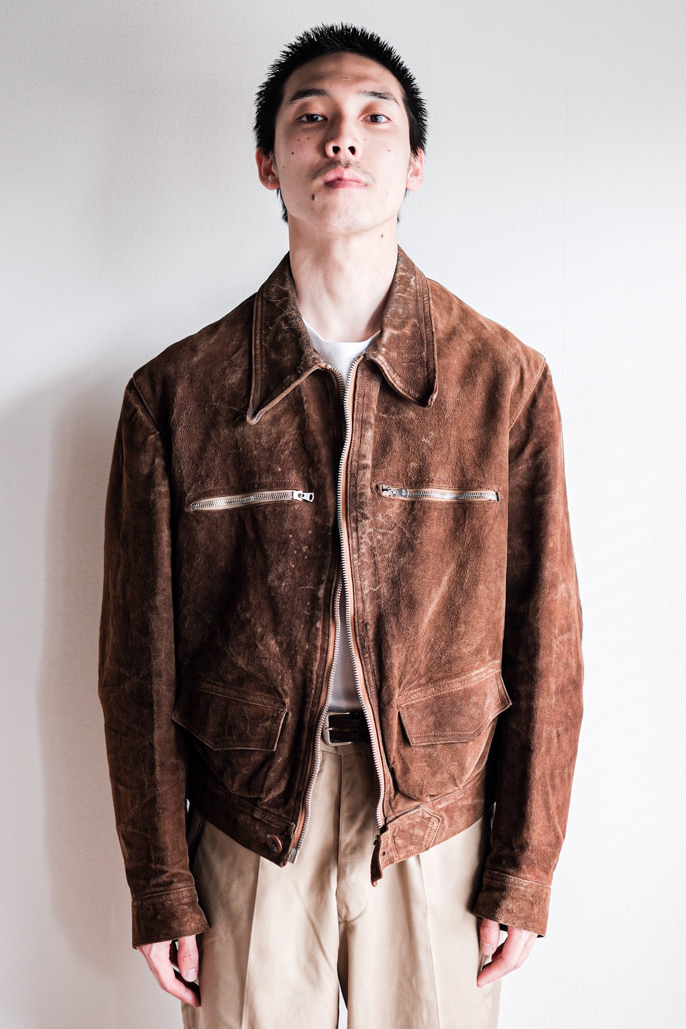 【~30’s】French Vintage Suede Leather Cyclist Jacket