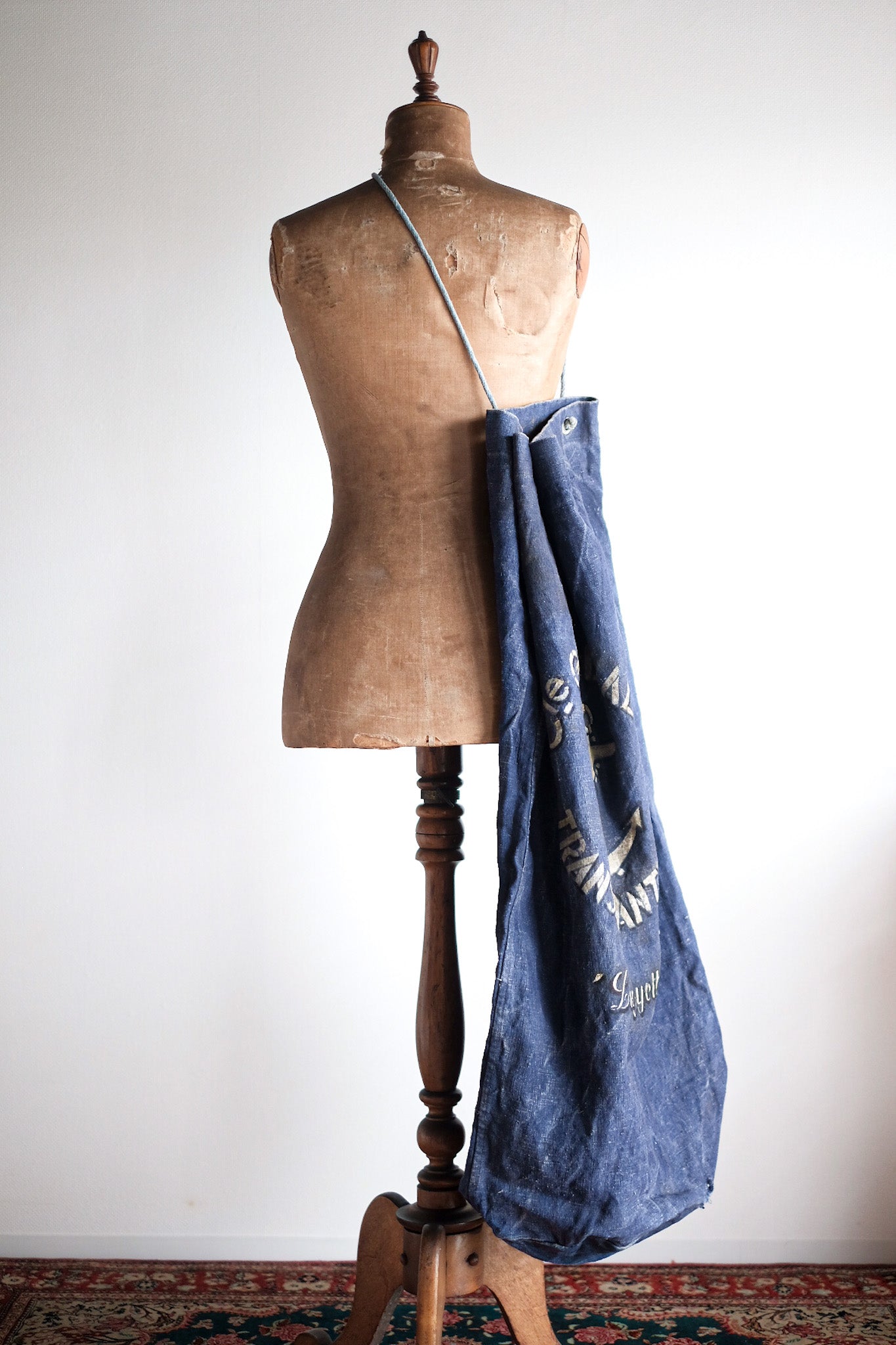 【~30's】French Vintage Indigo Hemp Linen Duffle Bag "MS Lafayette"