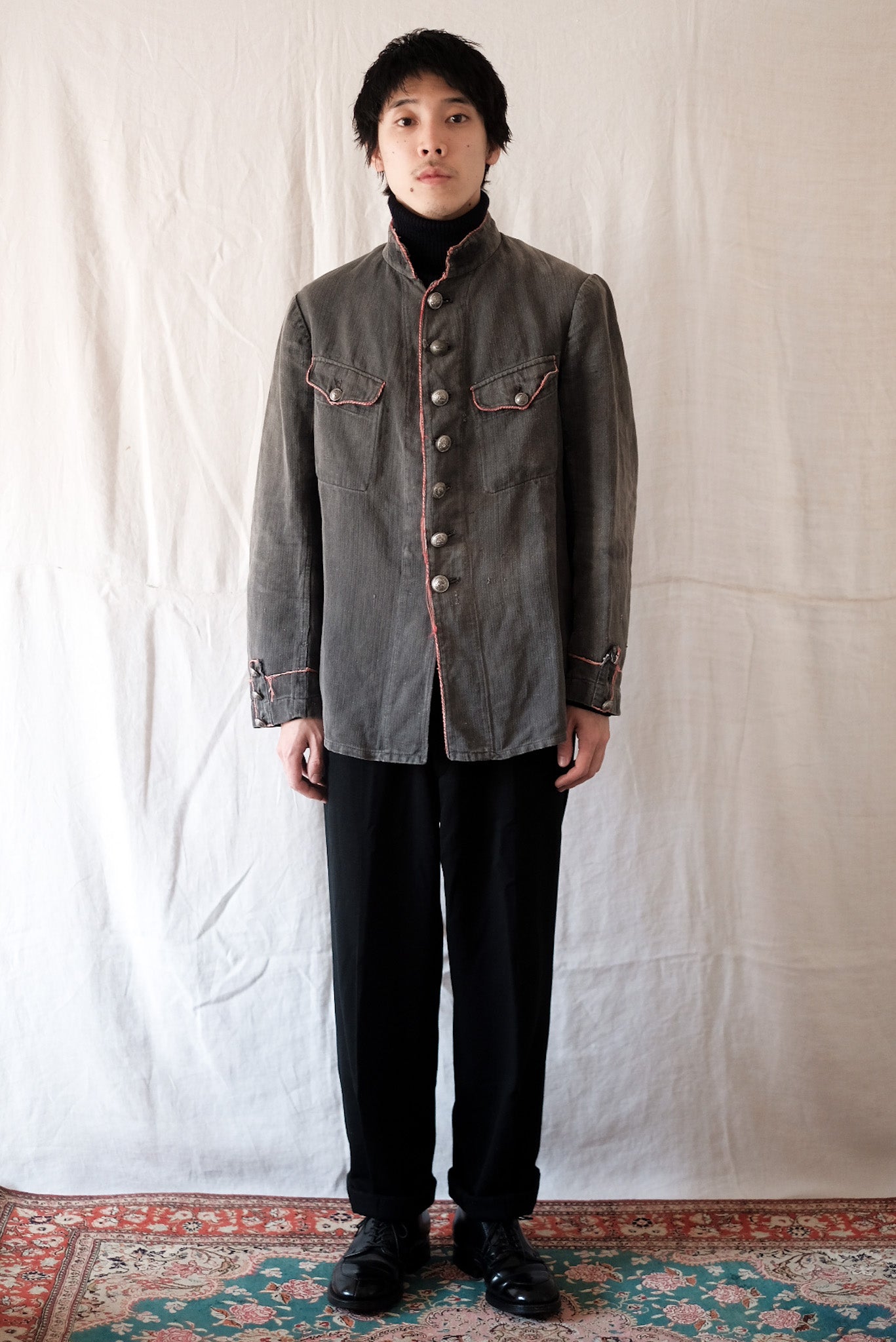 【~10's】French Vintage Black Linen HBT Fireman Jacket