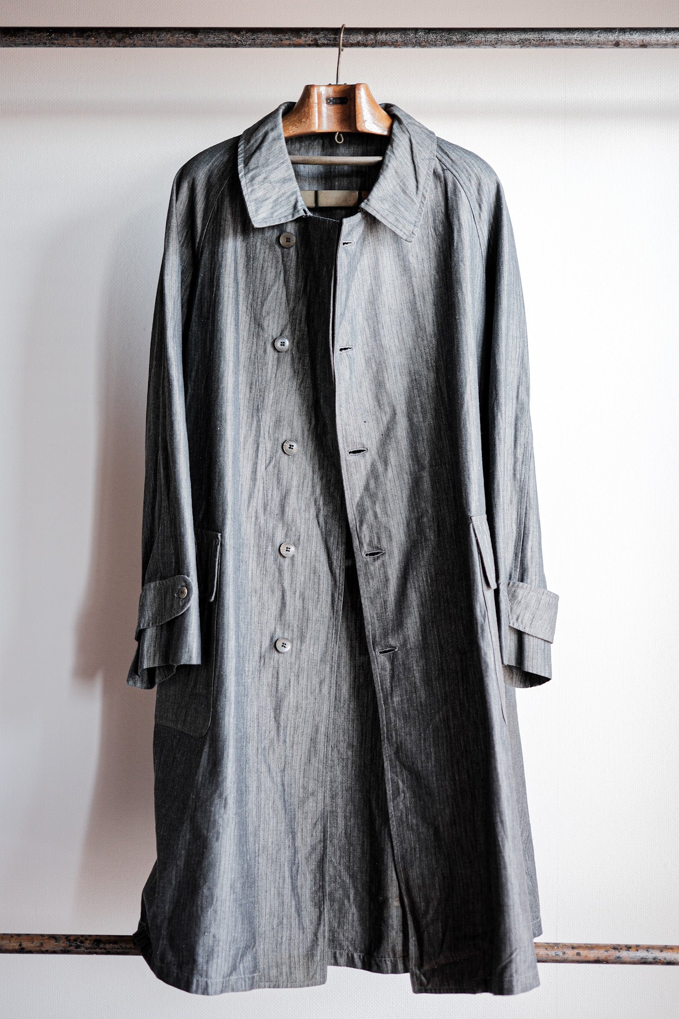 【~40's】French Vintage Salt & Pepper Cotton HBT Work Coat With Chin Strap "Dead Stock"