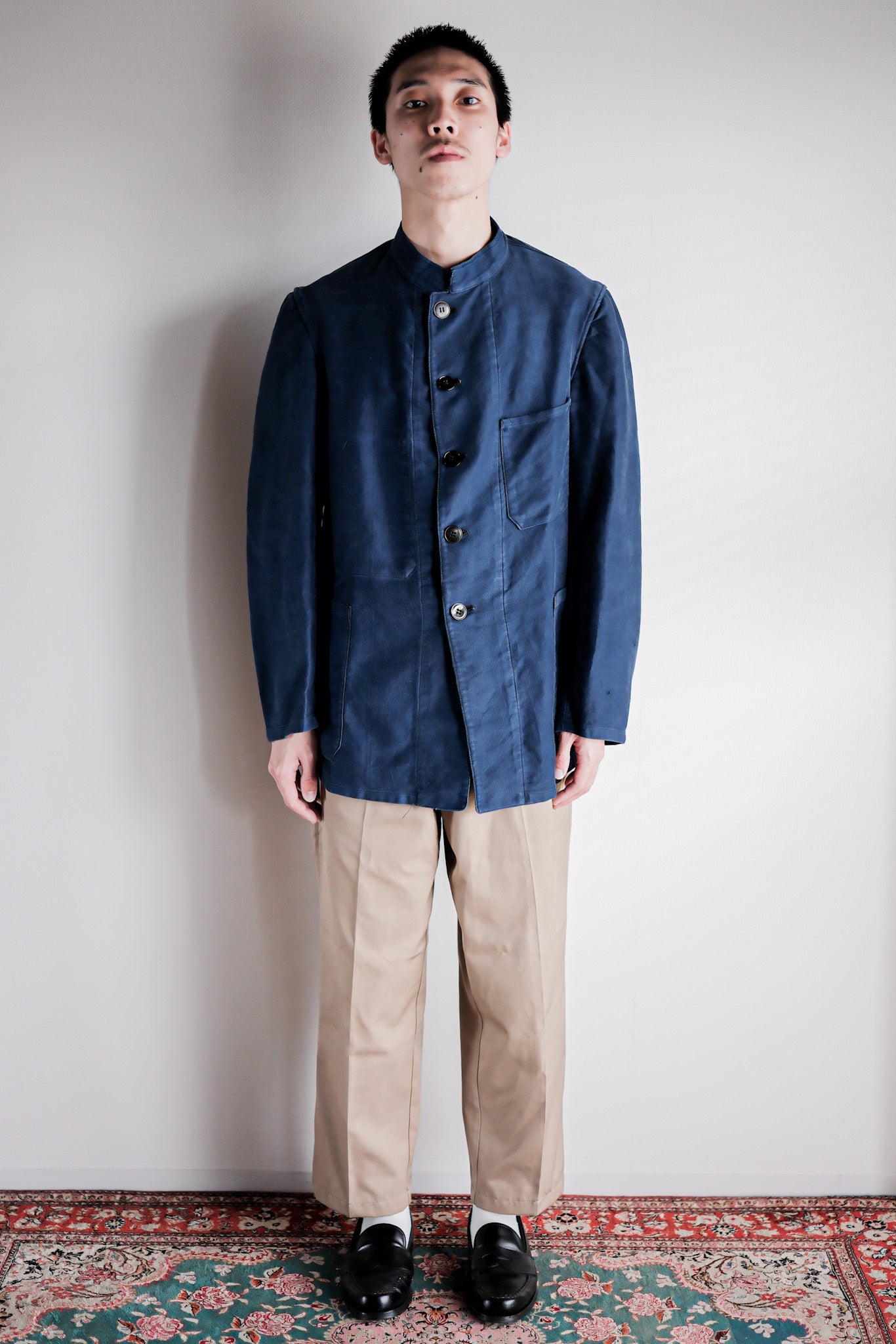 【~40's】French Vintage Blue Moleskin Stand Collar Work Jacket