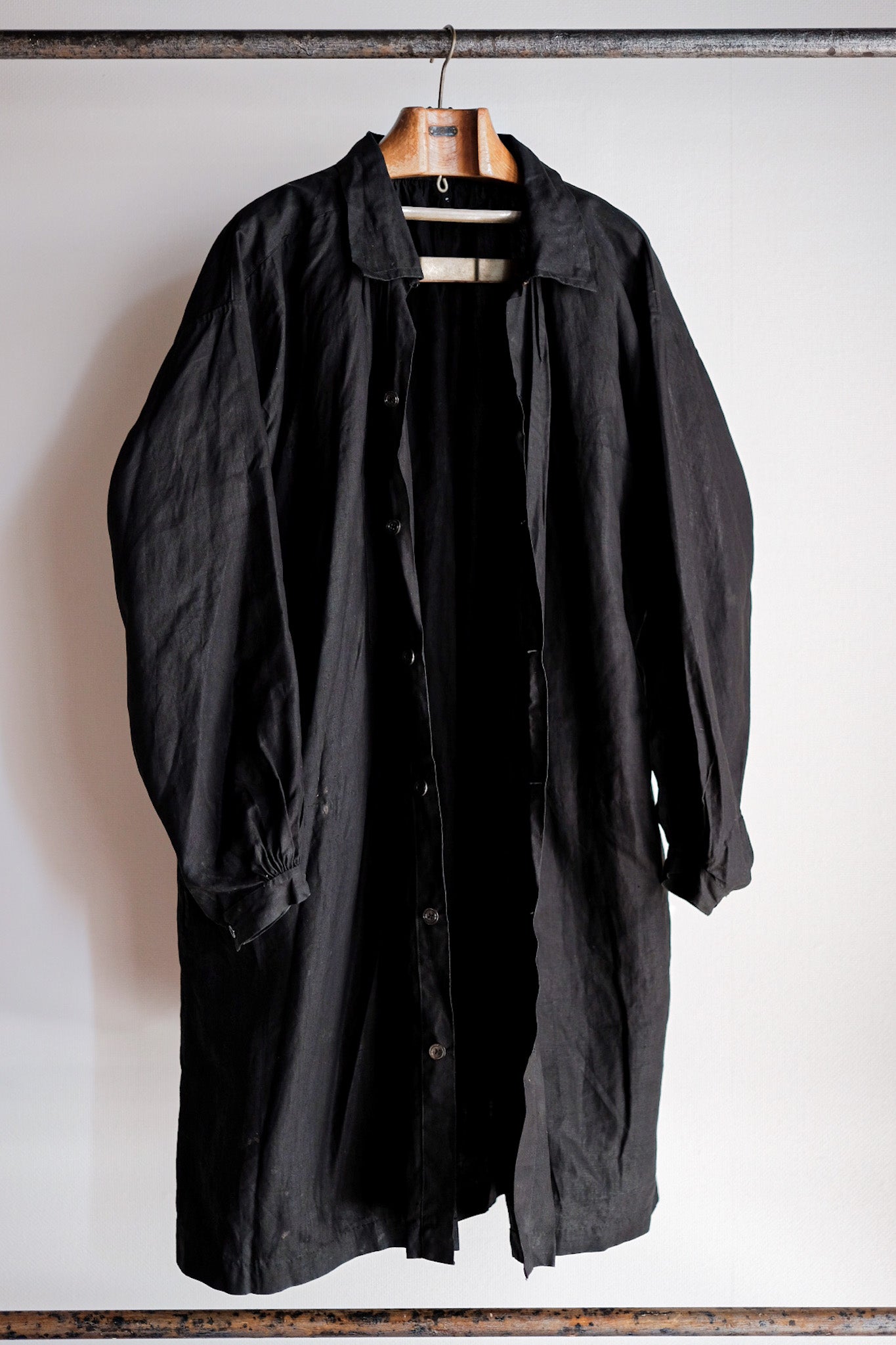 【Early 20th C】French Antique Black Indigo Linen Smock Open Type "Biaude" "Dead Stock"