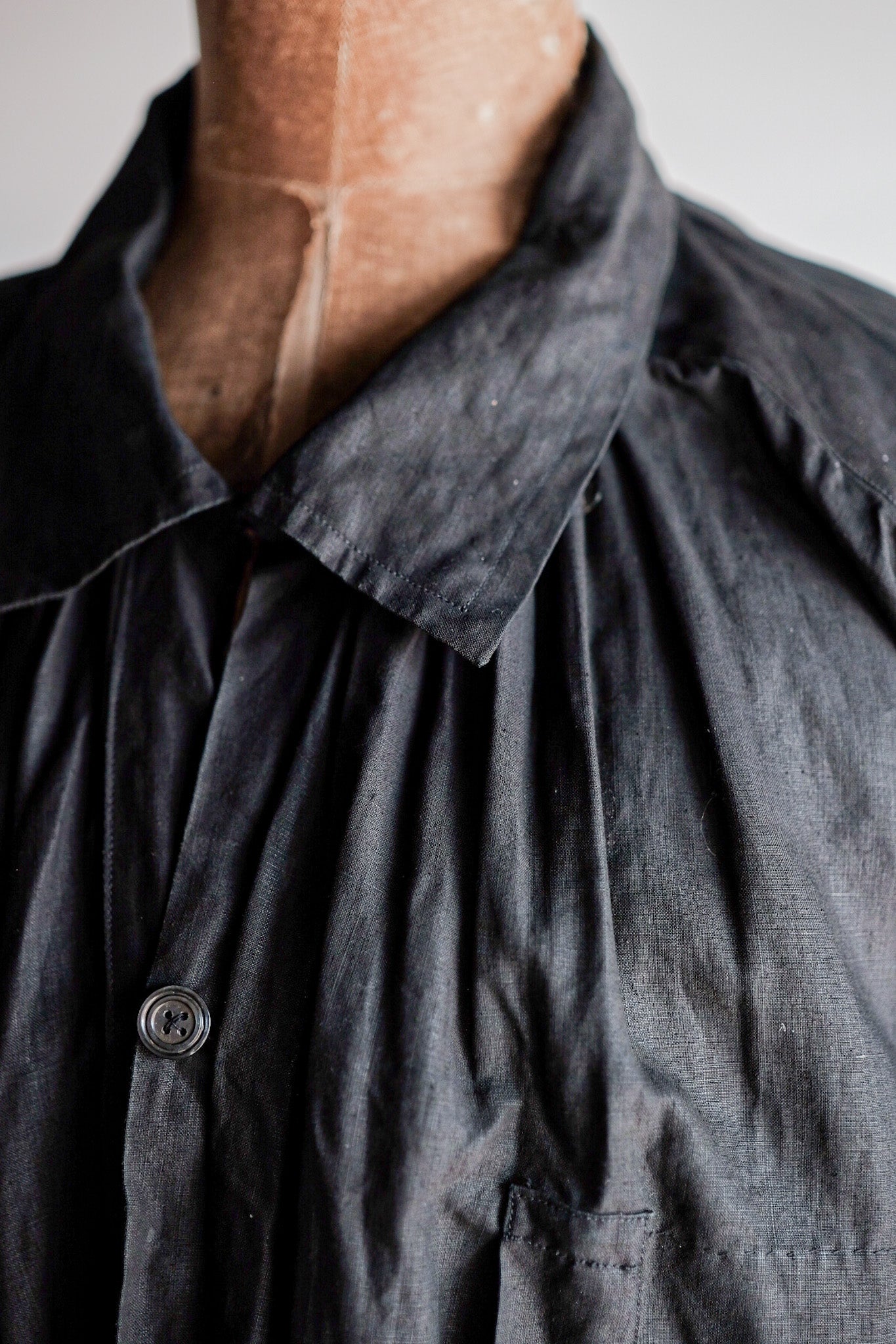 【Early 20th C】French Antique Black Indigo Linen Smock Open Type "Biaude" "Dead Stock"