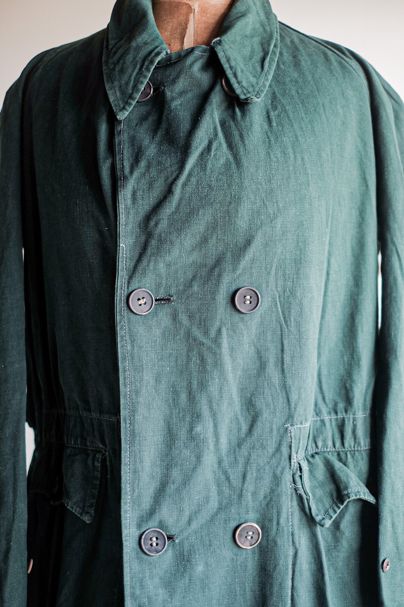 【~40's】French Army Double Breasted Green Linen Canvas Jacket