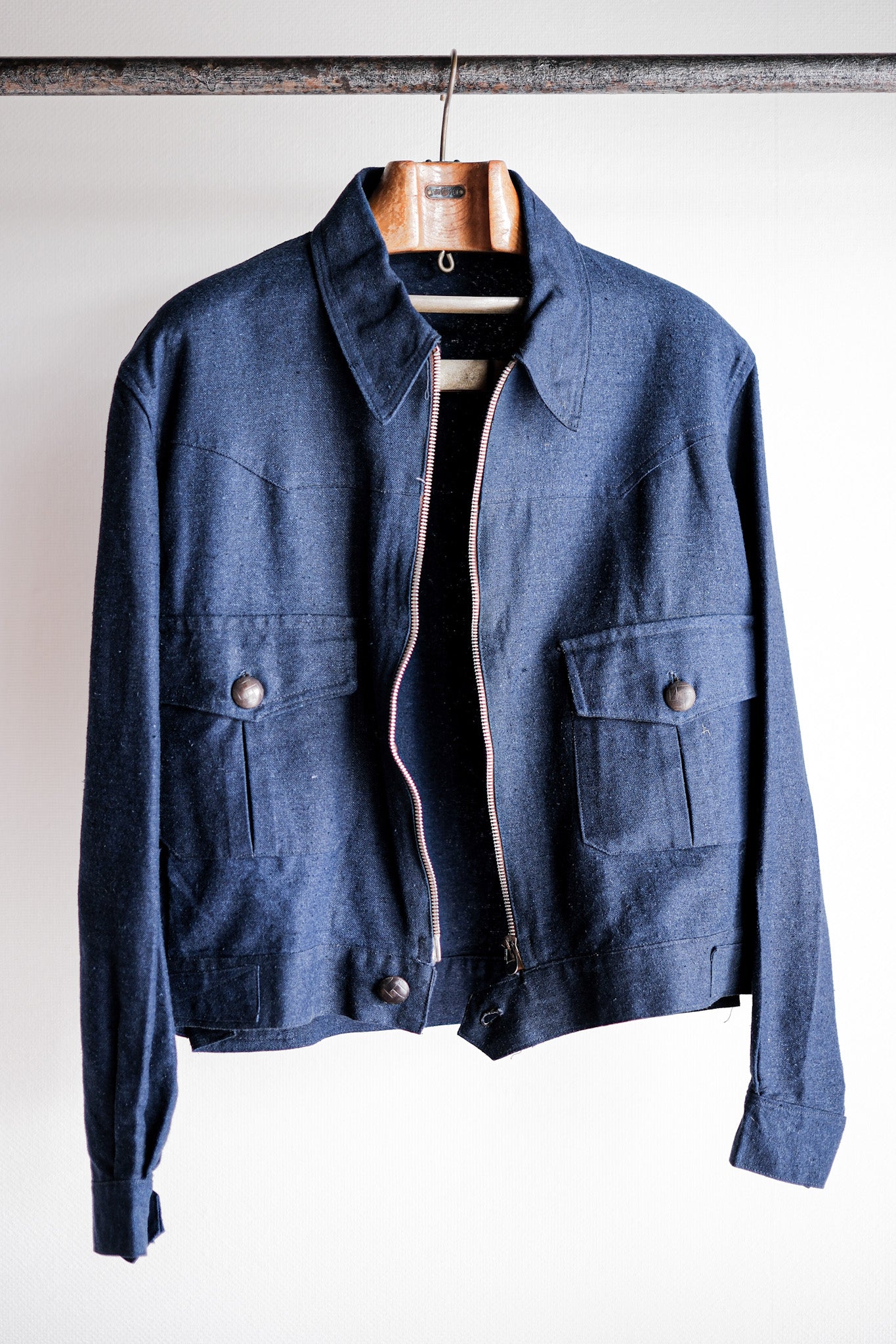 【~40’s】French Vintage Indigo Hemp Linen Cyclist Jacket
