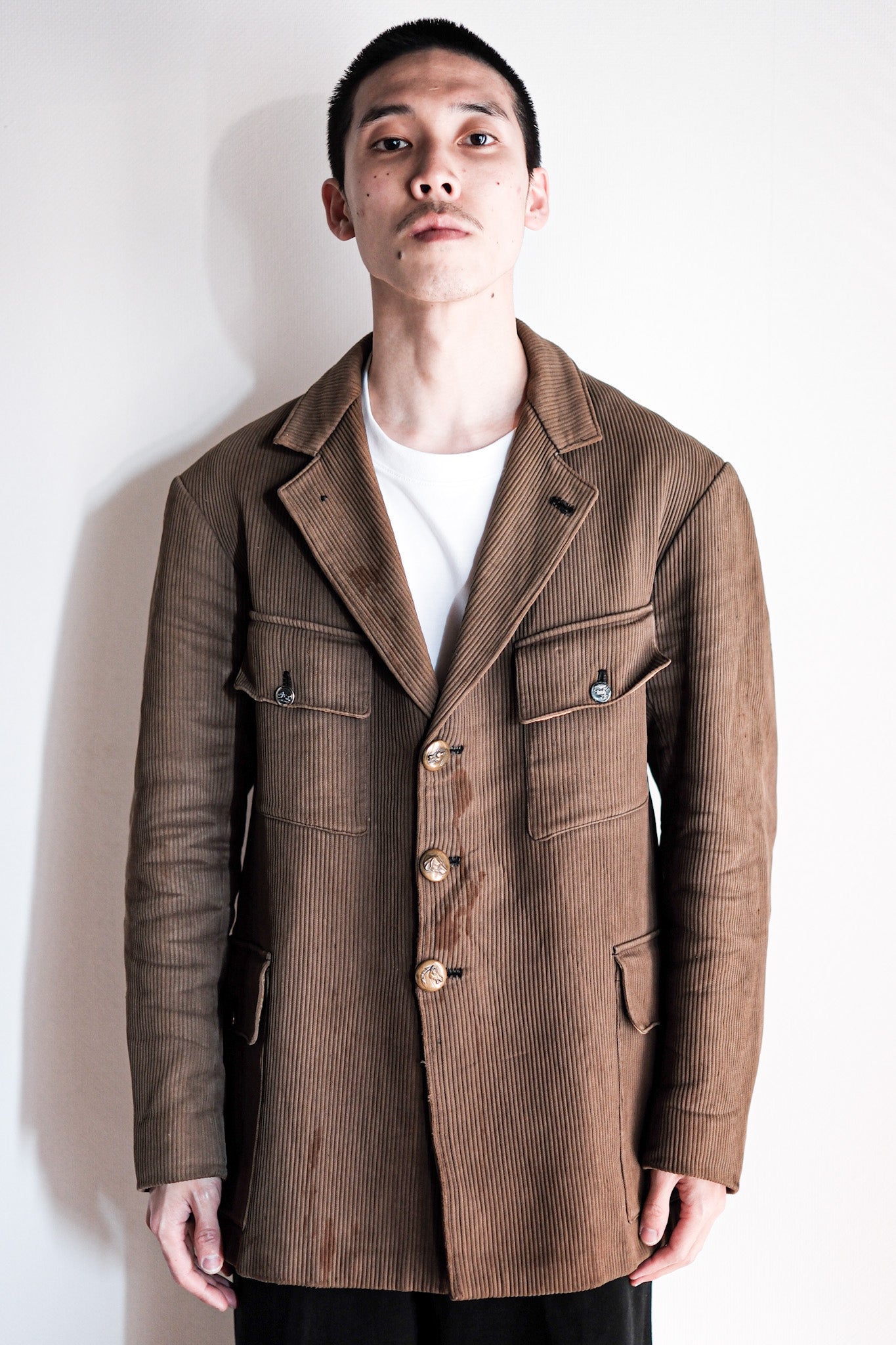 【~40's】French Vintage Brown Cotton Pique Lapel Gamekeeper Hunting Jacket "Unusual Pattern"