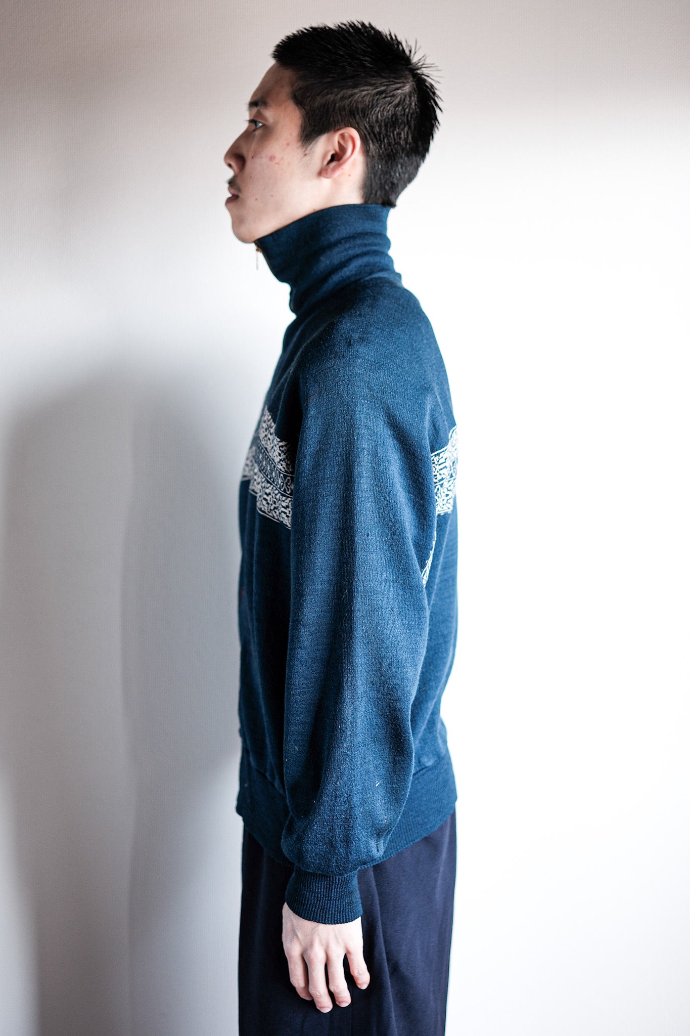 【~50's】French Vintage Full Zip Wool Printed Cardigan