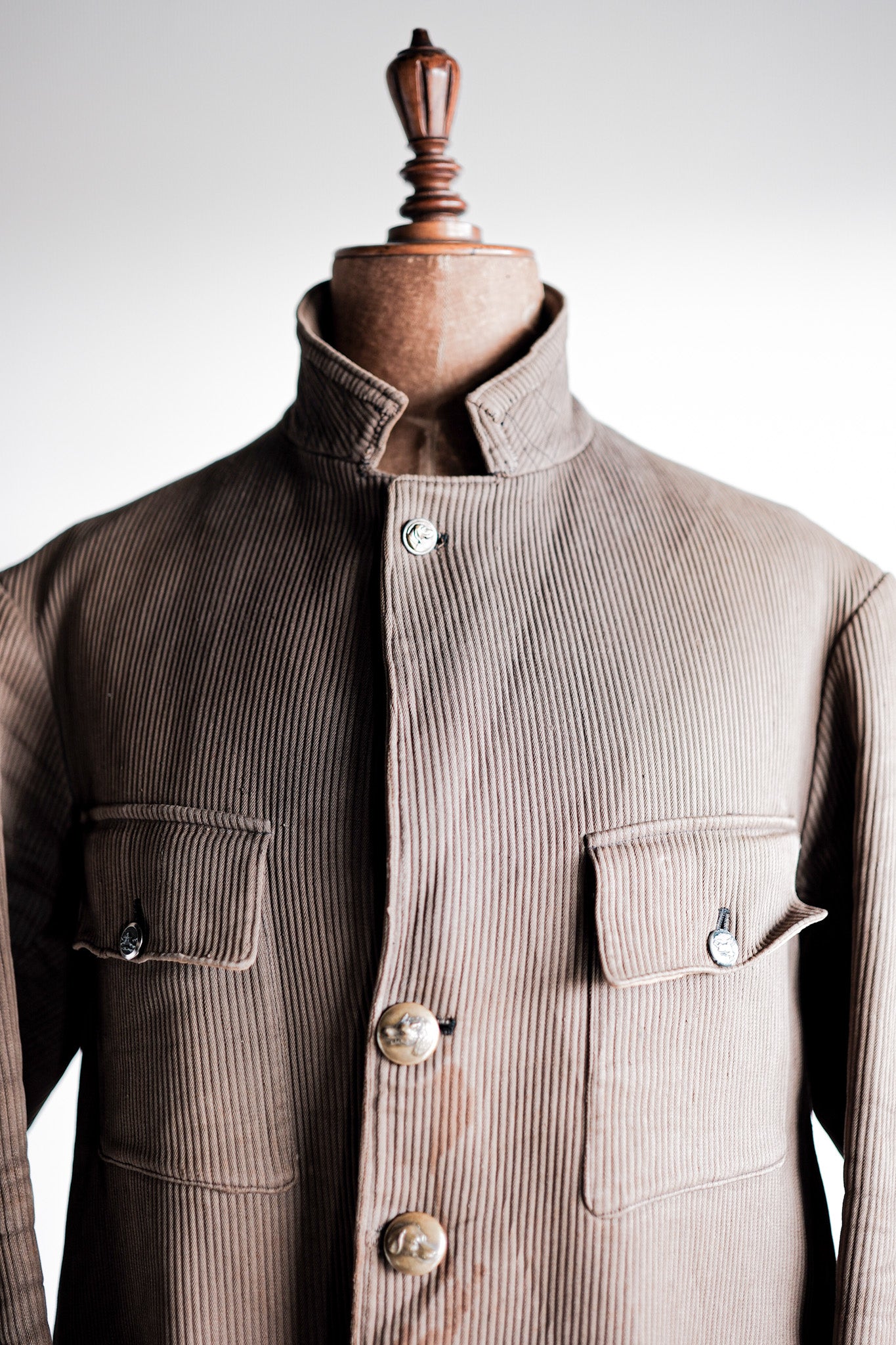 【~40's】French Vintage Brown Cotton Pique Lapel Gamekeeper Hunting Jacket "Unusual Pattern"