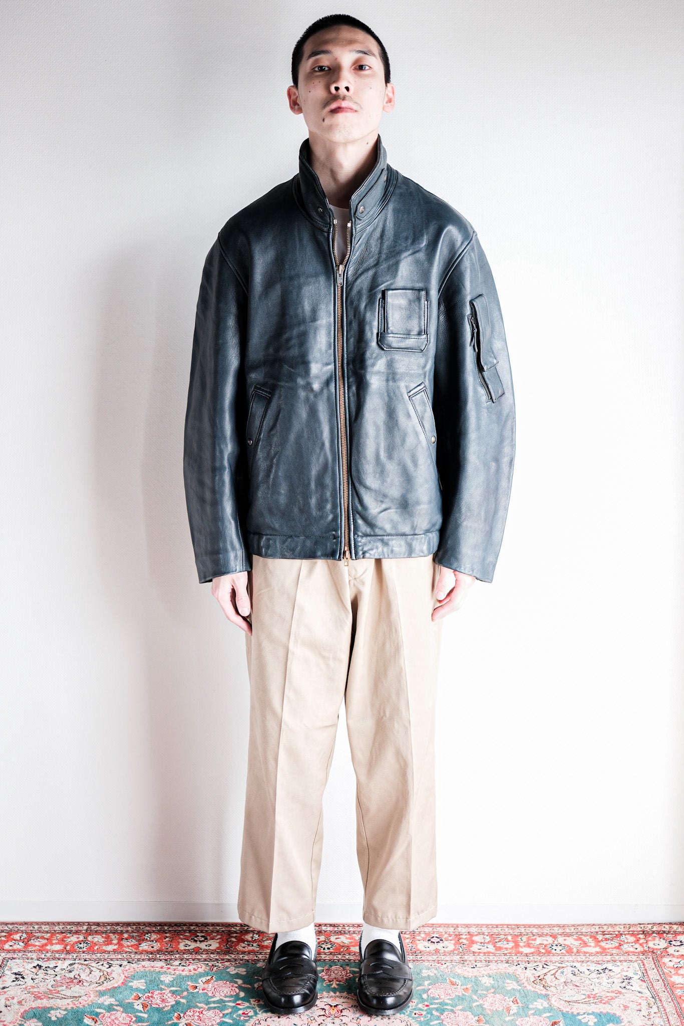 【~70's】French Air Force Pilot Leather Jacket With Chin Strap