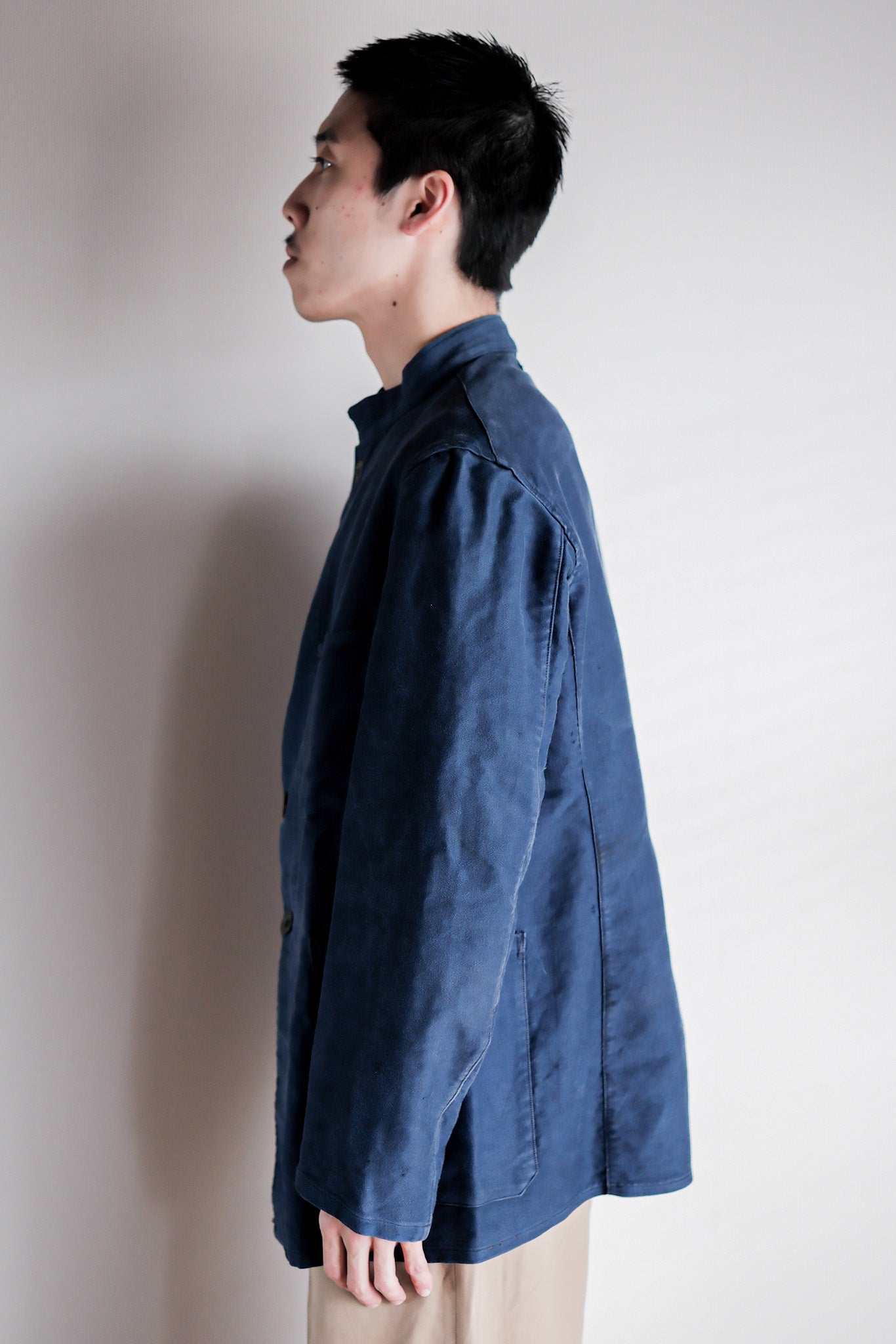 【~40's】French Vintage Blue Moleskin Stand Collar Work Jacket