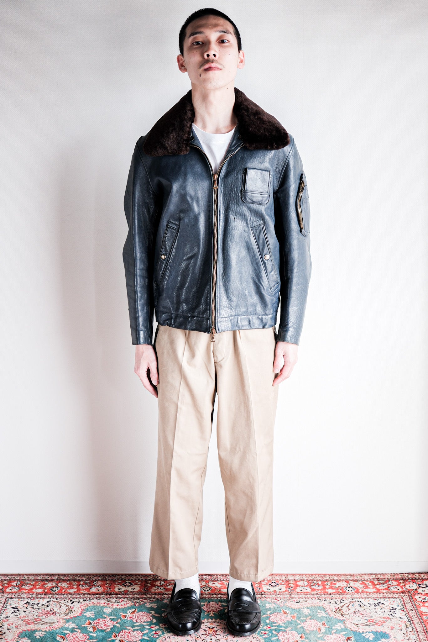 【~70's】French Air Force Pilot Leather Jacket Size.92C