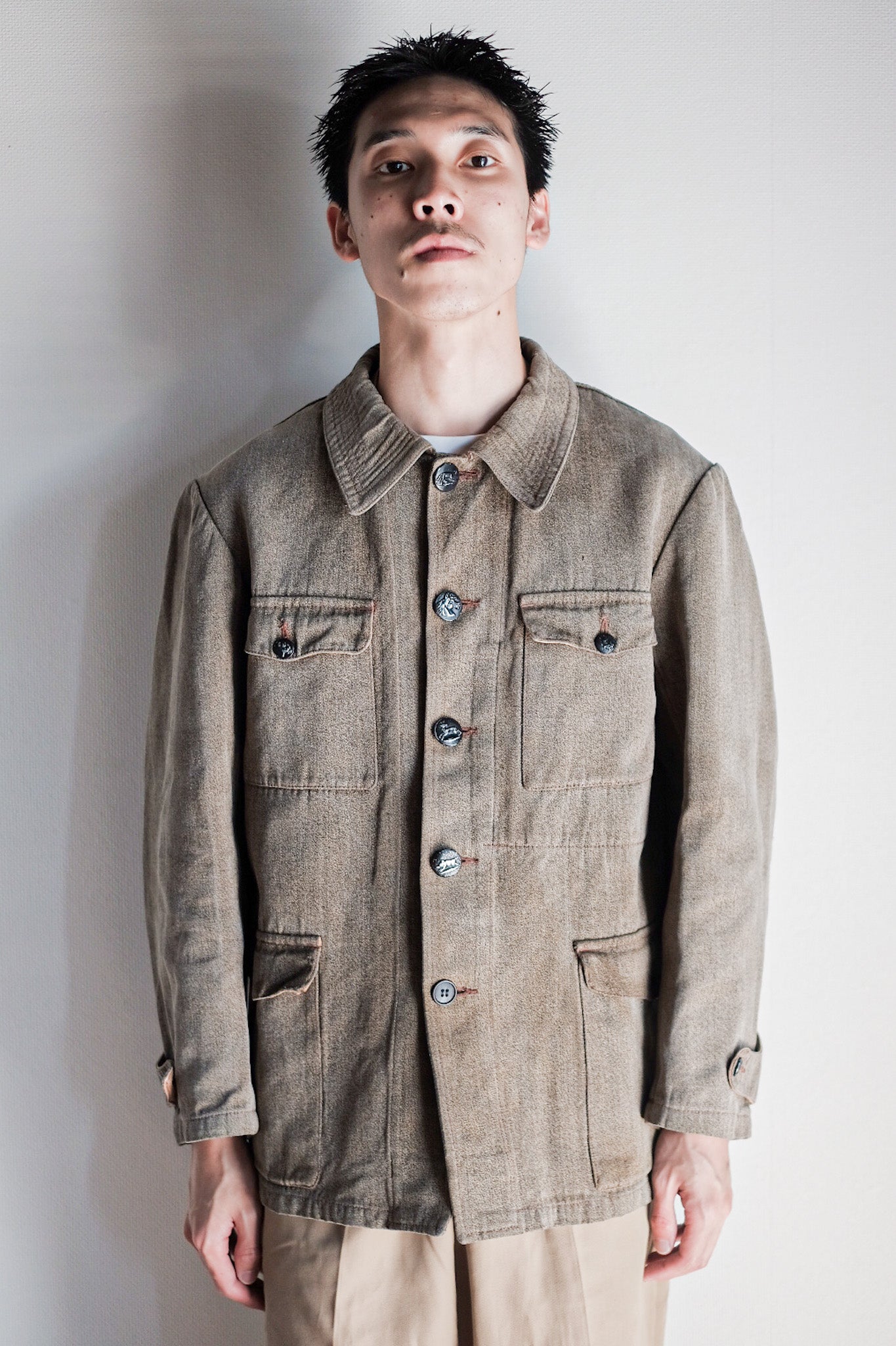 【~30's】French Vintage Brown Cotton Salt & Pepper Hunting Jacket