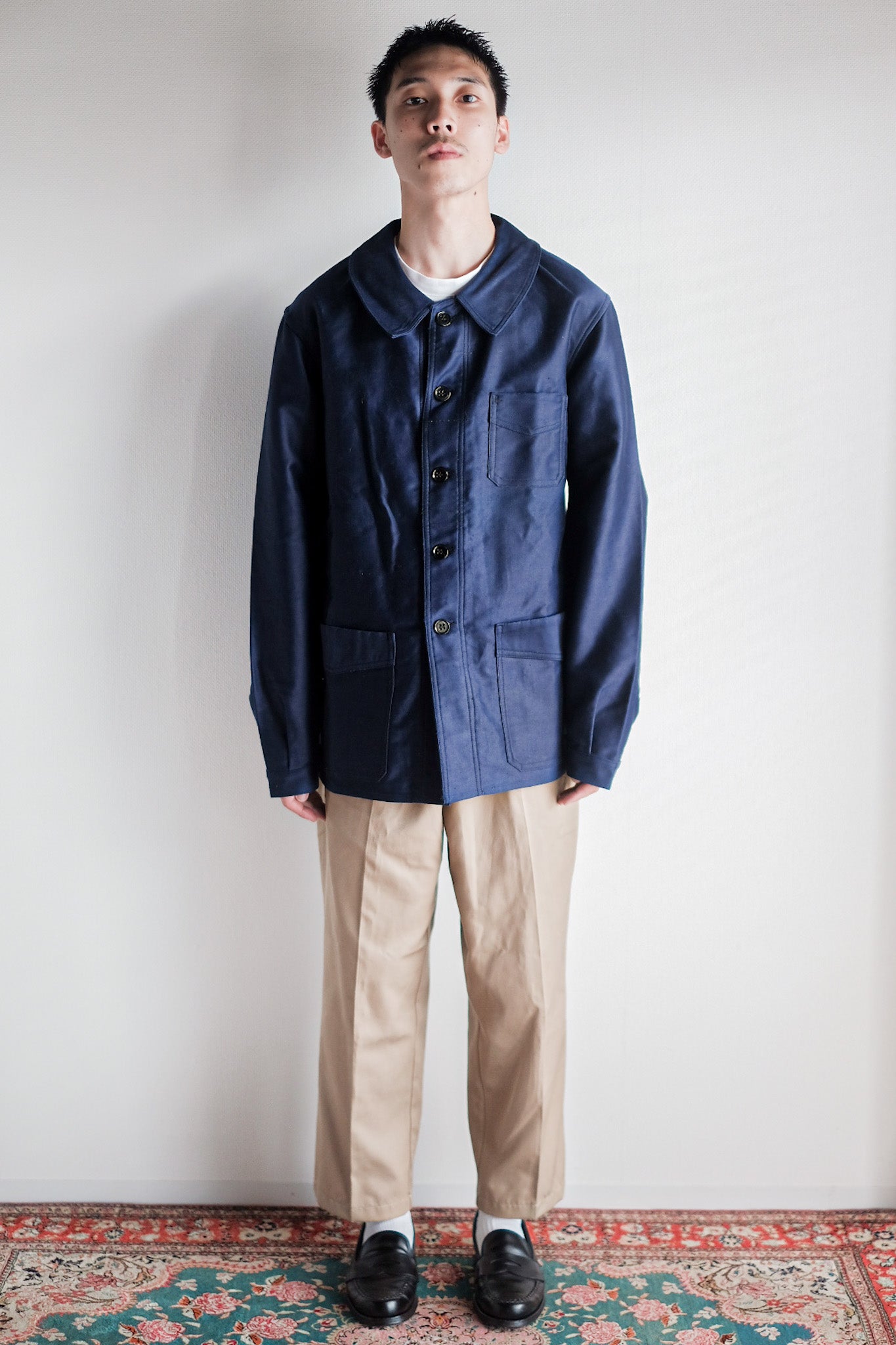 【~40's】French Vintage Blue Moleskin Work Jacket "Le Mont St. Michel" "Dead Stock"