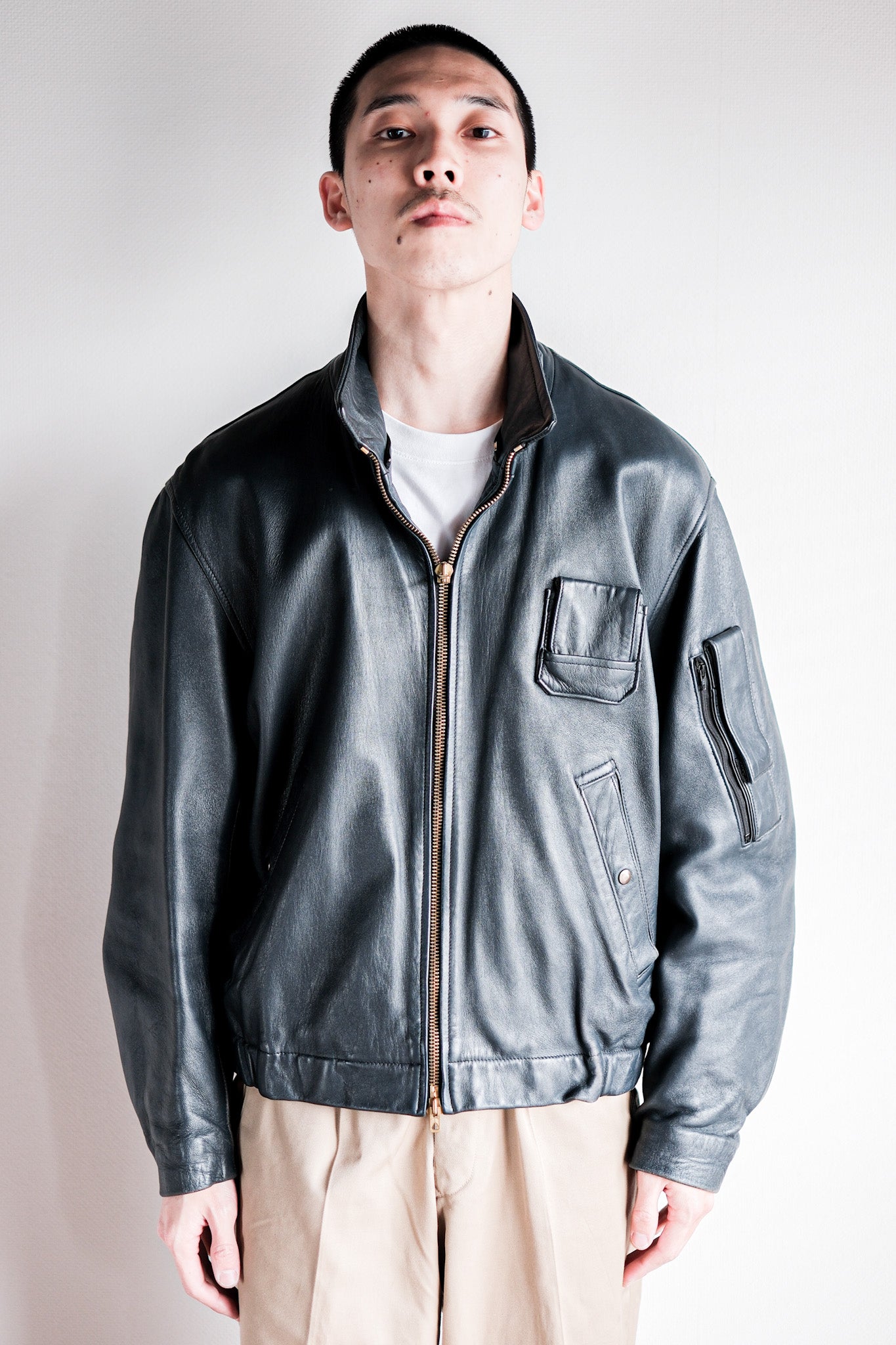 【~70's】French Air Force Pilot Leather Jacket With Chin Strap Size.96M