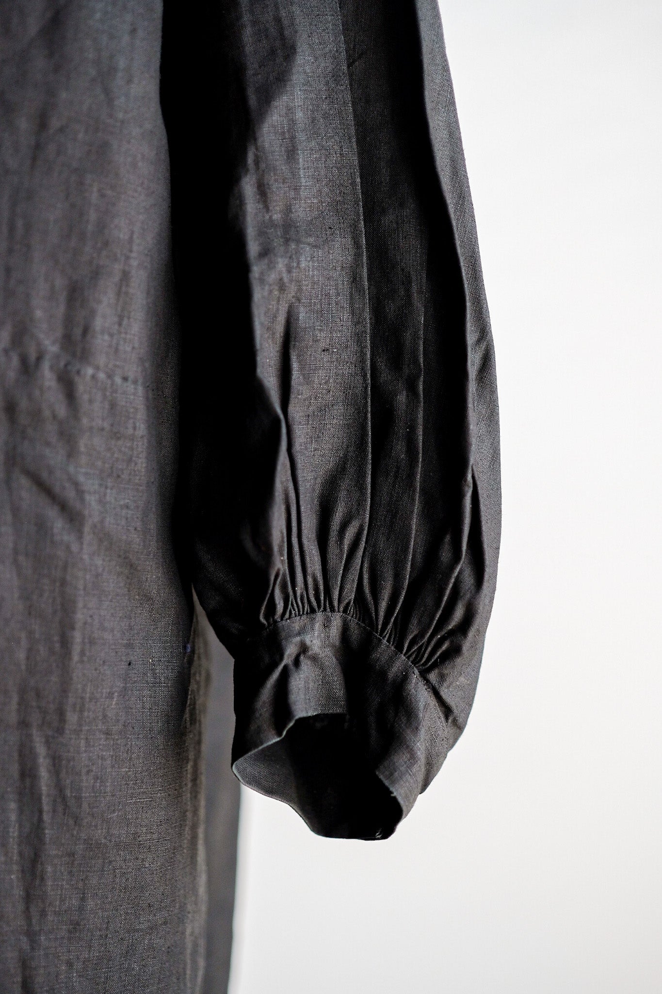 【Early 20th C】French Antique Black Indigo Linen Smock Open Type "Biaude" "Dead Stock"