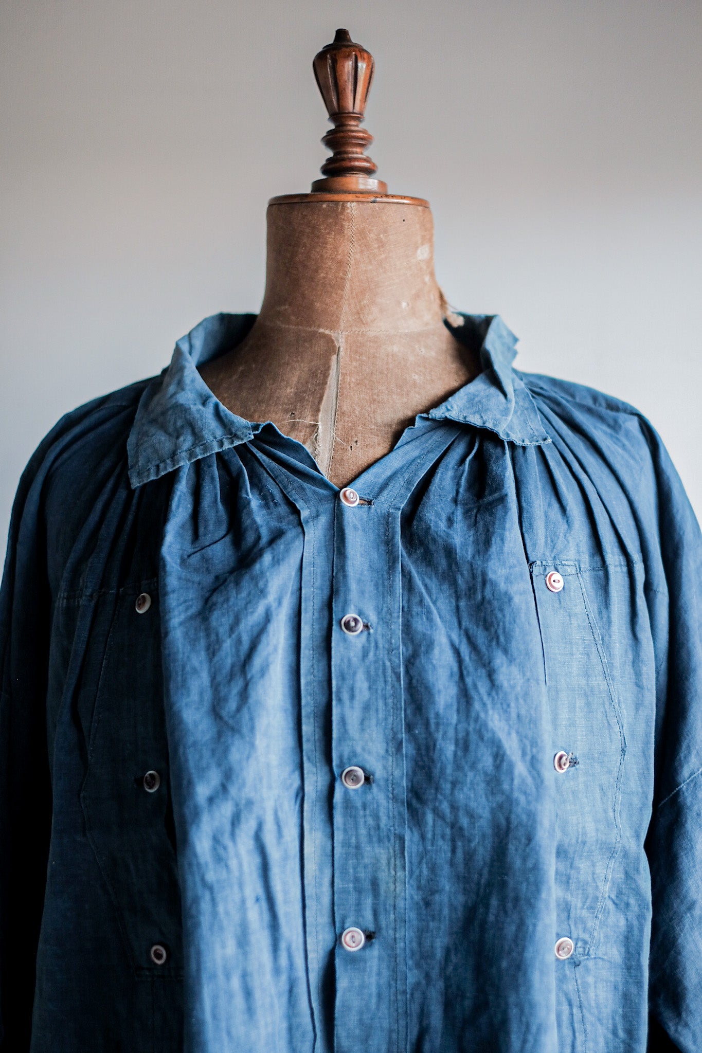 【Early 20th C】French Antique Indigo Linen Smock Open Type "Biaude"