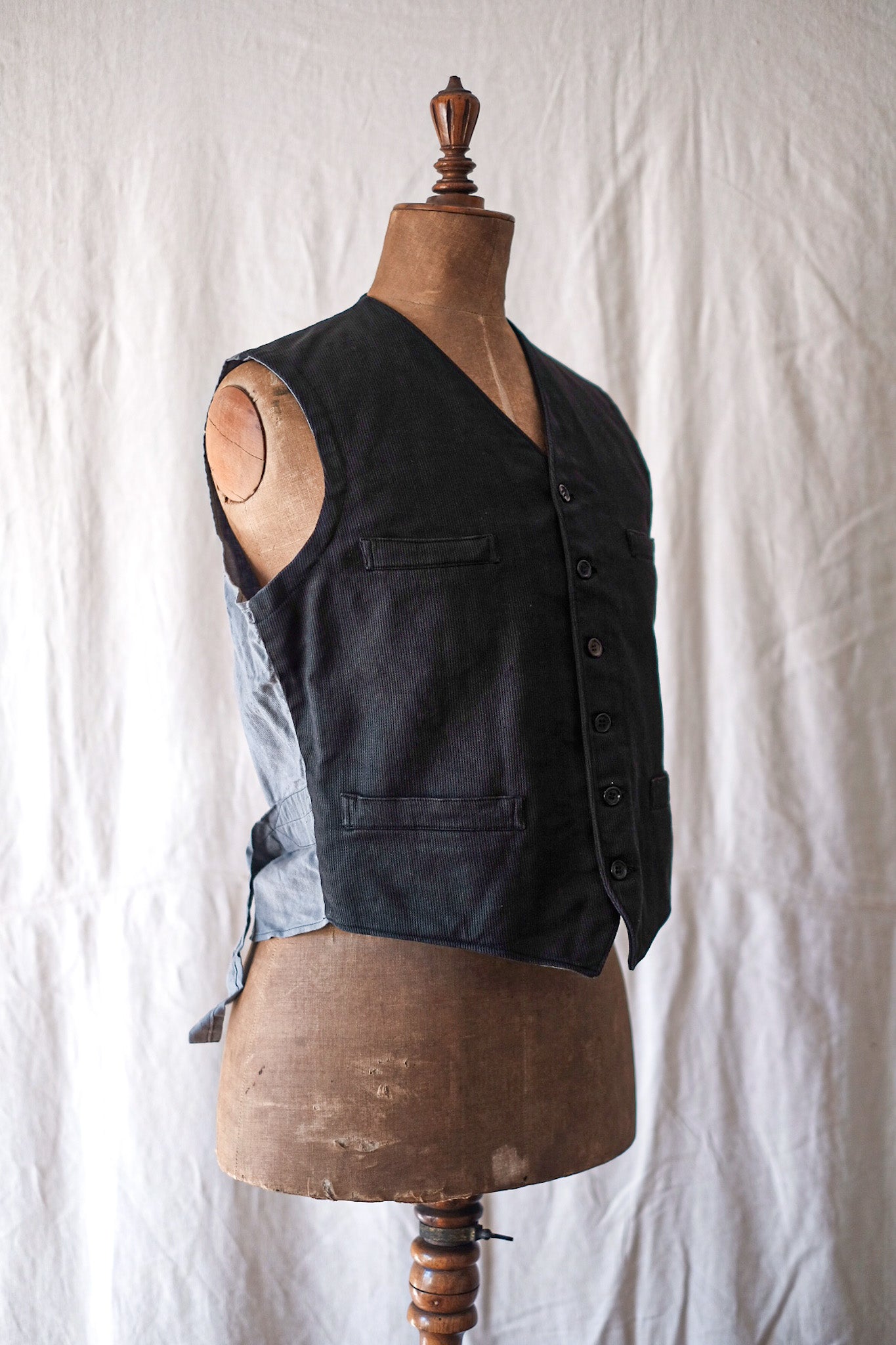 【~40's】French Vintage Black Cotton Pique Gilet "Dead Stock"