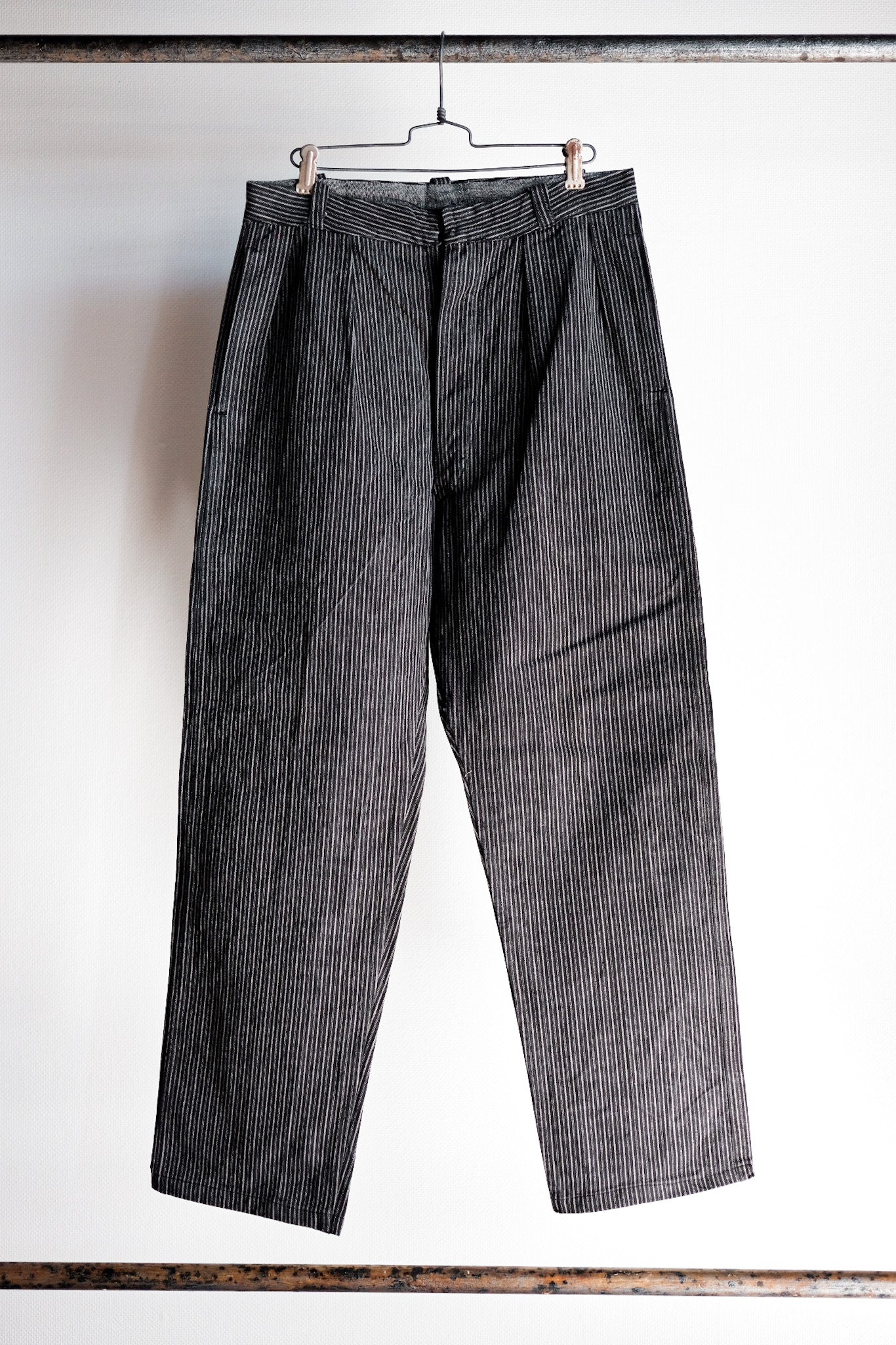 【~ 40 대 's 프랑스 빈티지면 스트라이프 작업 바지